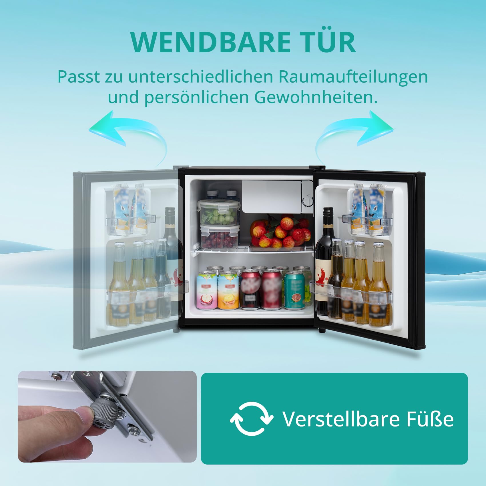 SMETA 46L Mini Kühlschrank, Klein Kühlschrank Leiser 39dB, Minikühlschrank 6-Stufen Thermostat 0-10°C, mit wechselbarem Türanschlag für Zuhause Büro Camping Schlafzimmer, Schwarz