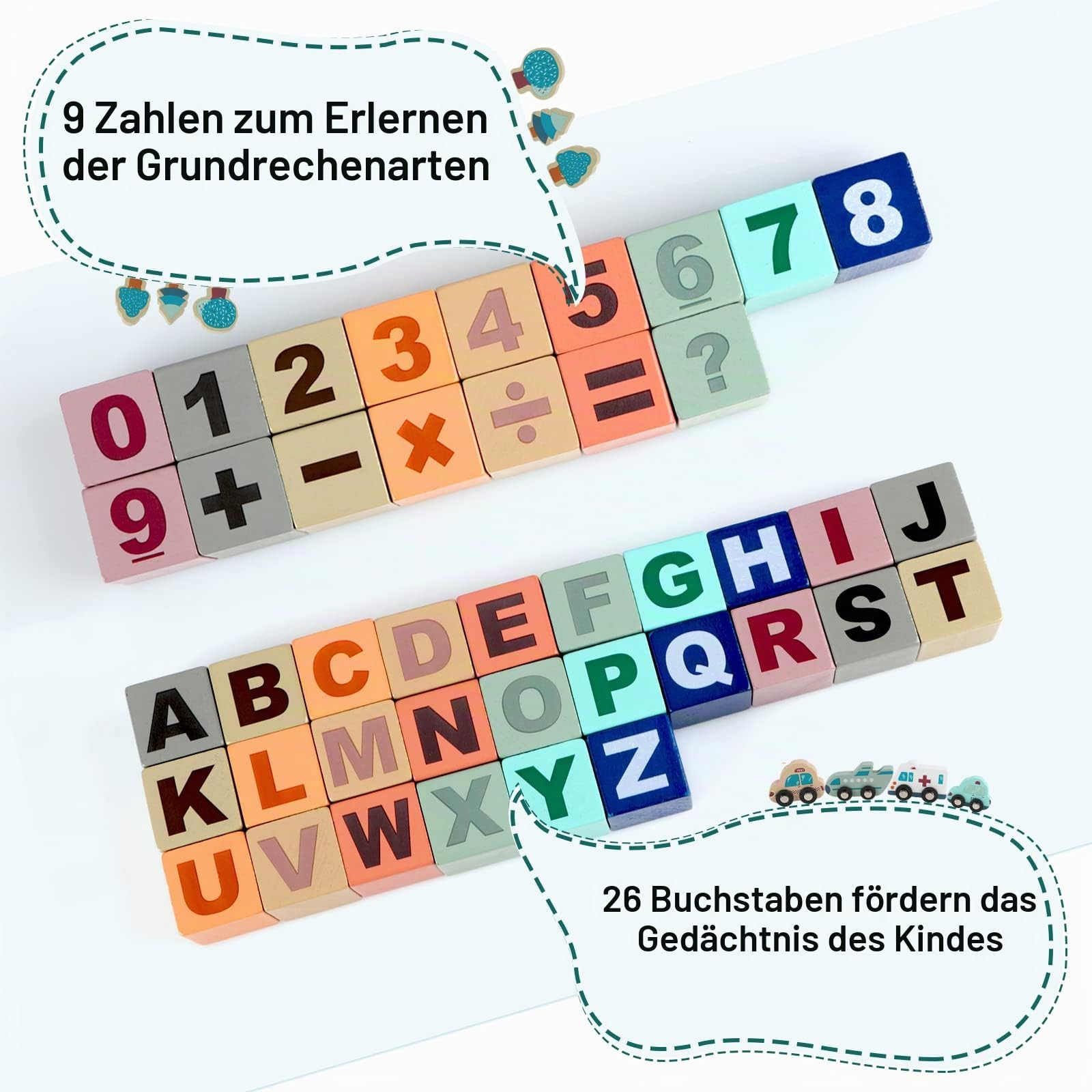 Jacootoys Holzbausteine ​​Kinder 133 Stück Stadtbau Konstruktionsspielzeug Alphabet Nummer Bauklötze im Baumwollbeutel Jungen Mädchen ab 3 Jahre