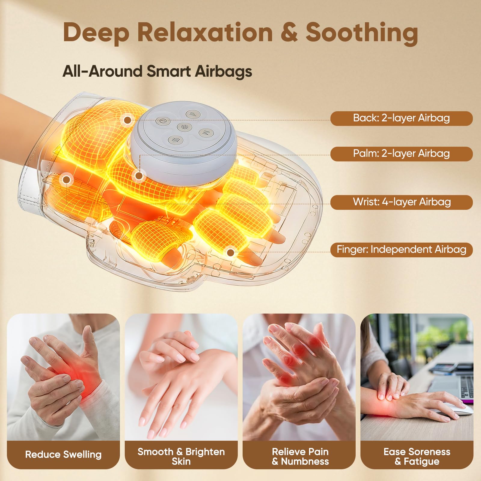 Handmassagegerät mit Wärme und Kompressionsfunktion, kabelloses elektrische handmassagegeräte gegen Arthritis und Karpaltunnelsyndrom, 3 Massage- und Temperaturstufen, 5 Kompressionsstufen