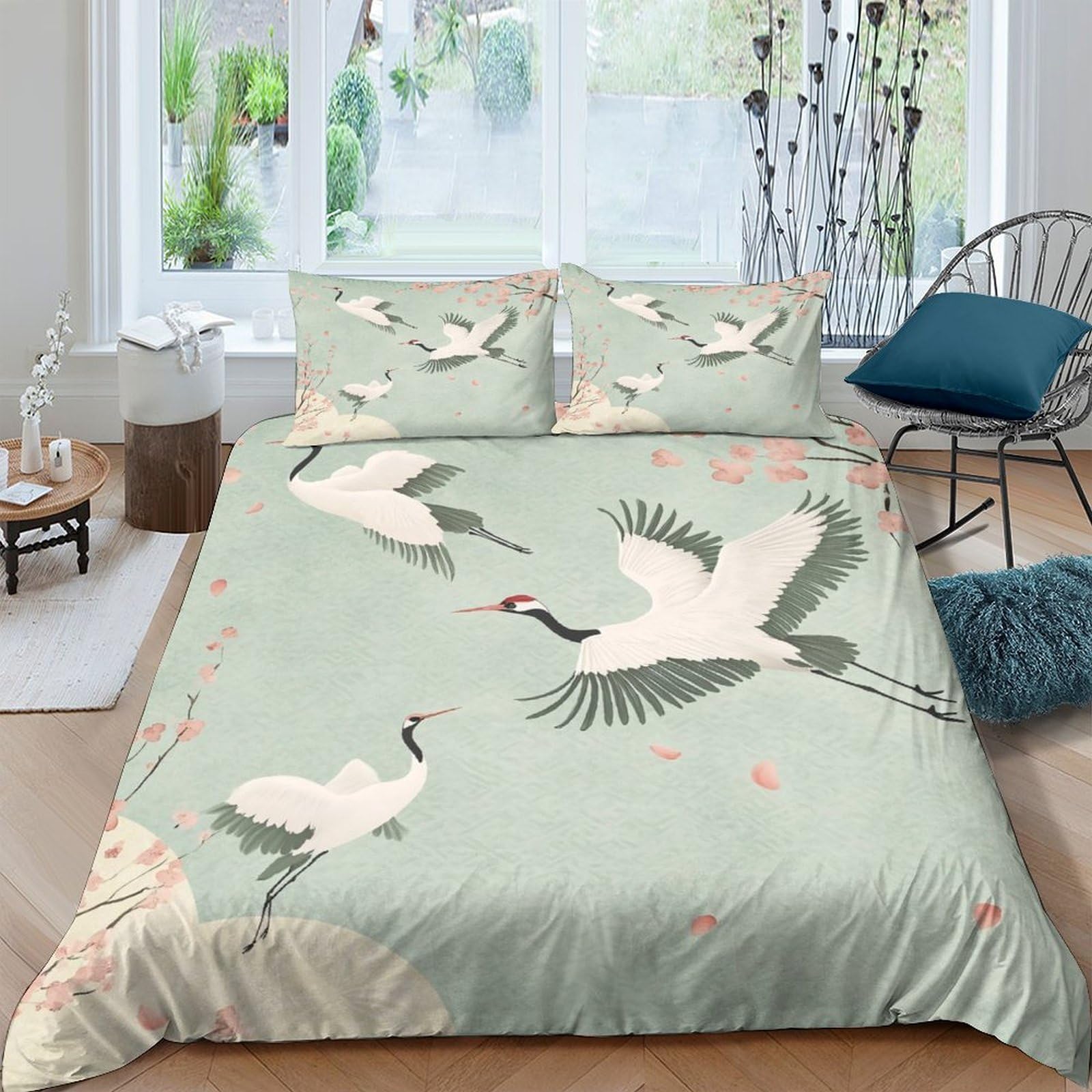 Ctjqhvkz Style-7 3D Printed Japanese Crane Fitted Sheet Microfiber Soft Green Sakura Mattress Cover For Bedroom Dorm Decorative Protection Single（135X200cm）