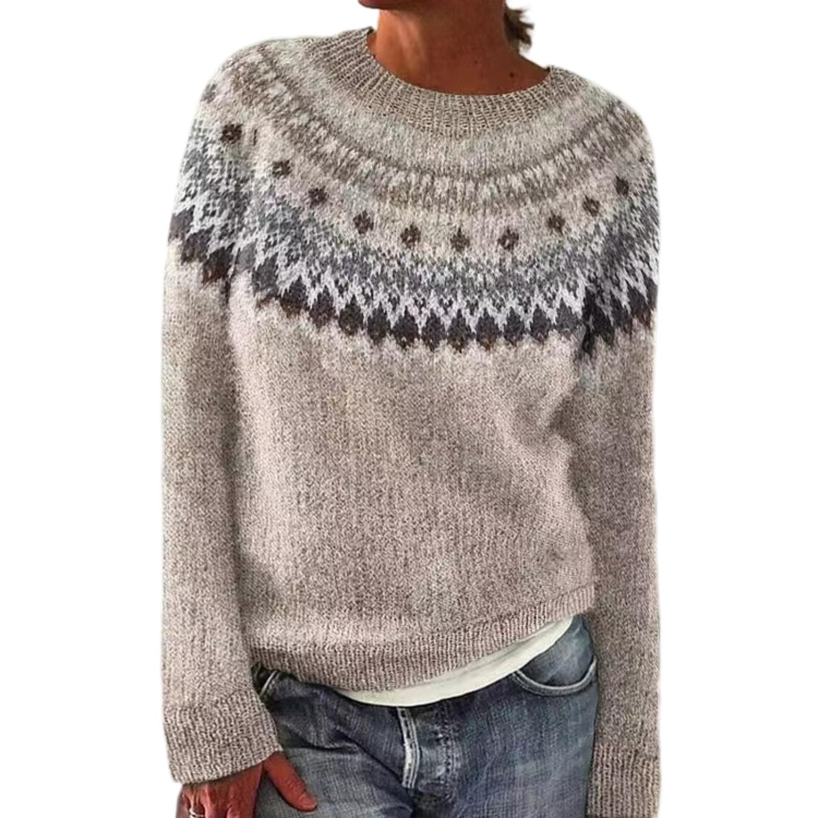 Womens Oversized Vintage Fair Isle Sweaters Round Neck Long Sleeve Fall Winter Knitted Sweaters Pullover Tops