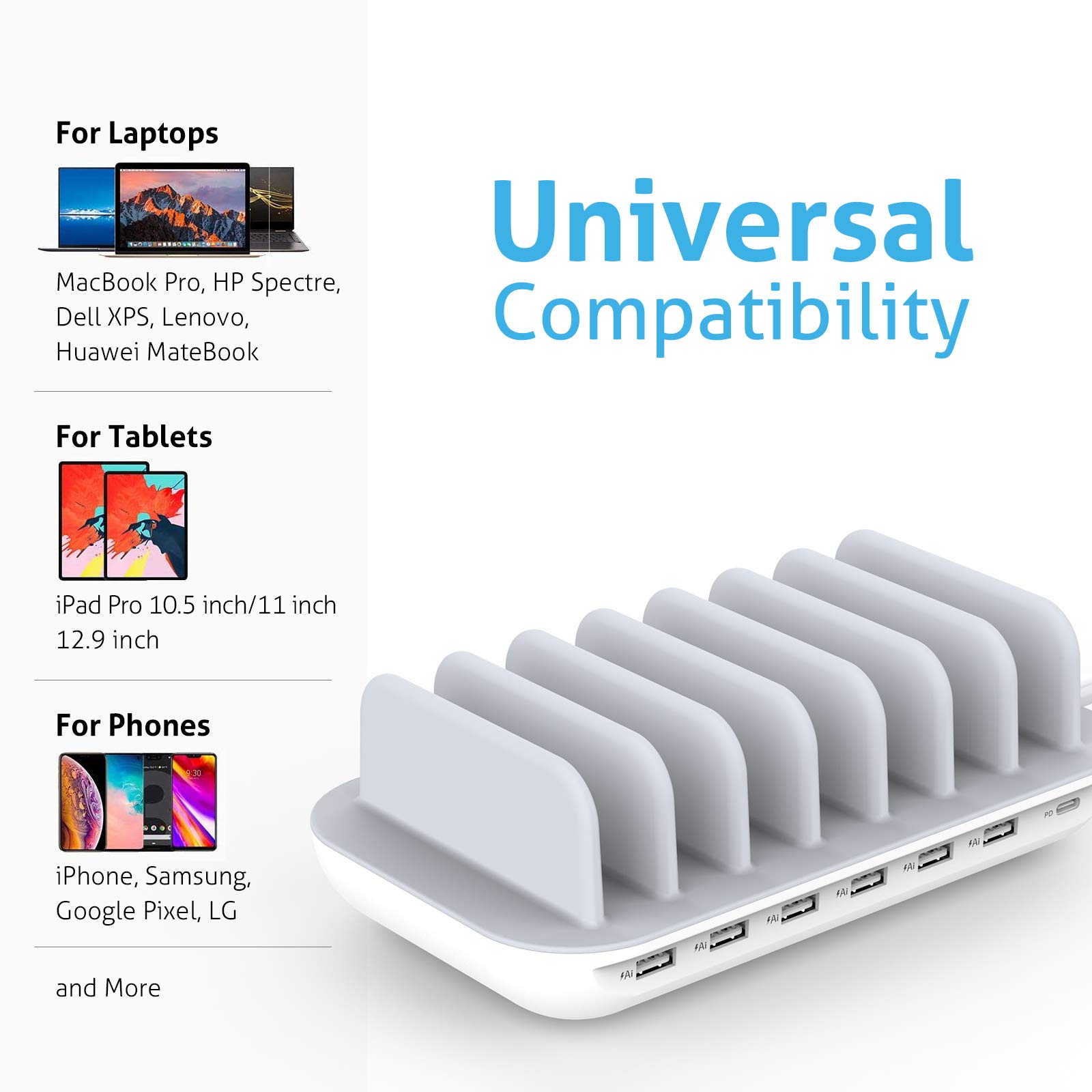 SooPii 7-portowy organizer stacji ładującej USB, 70 W, do wielu urządzeń, stacja ładująca z portem PD 30 W, do laptopów, 7 mieszanych kabli w zestawie, do telefonów, tabletów i innych (biały)