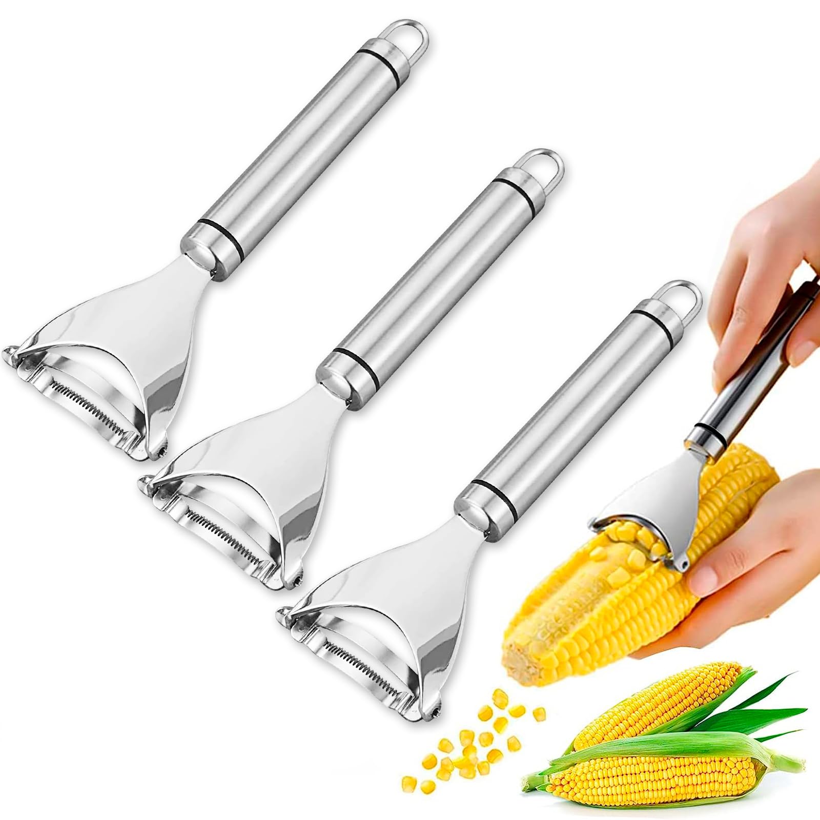 3PCS Corn Peeler, Corn Peeler for Corn on the Cob, Stainless steel Corn Cutter from the Cob, Corn on the Cob Remover Tool, Corn Cob Stripper with Ergonomic Handle, Kitchen Gadget