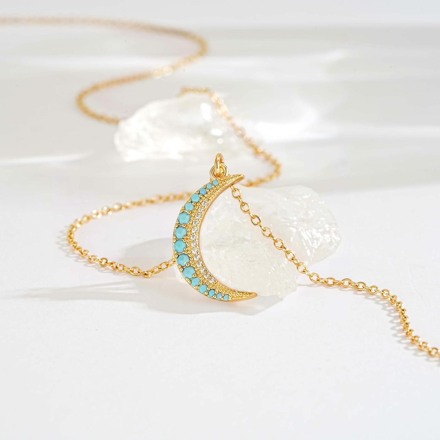 Fettero Gold Necklace for Women, Dainty 14K Gold Plated Turquoise Necklace Jewelry Charm Moon Circle Heart Beadeds Pendant Necklaces for Women Gift - Image 4