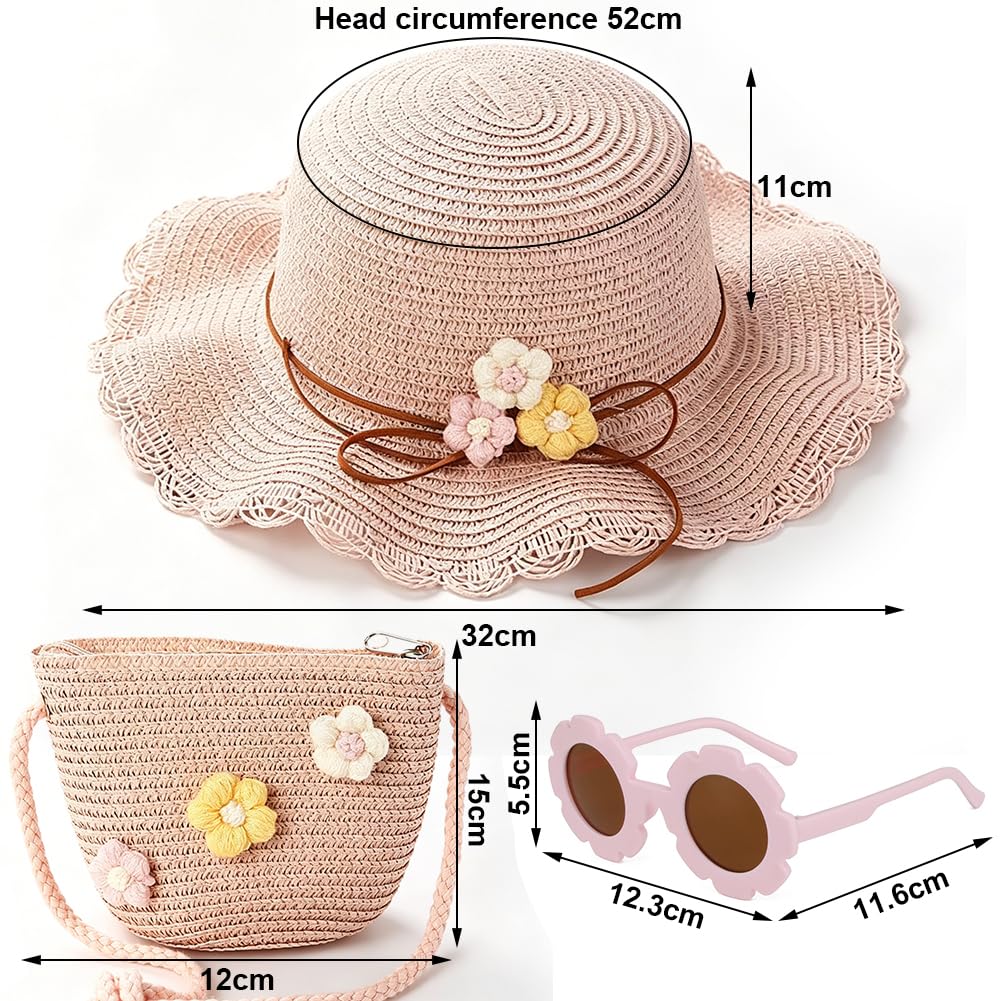 Sombrero de Paja Niñas, Gorra de Sol Chica y Bolsa de Paja Set Gorro de Playa Gafas de Sols Playa de Verano Sombrero Mini Bolsa Cruzada de Pajas Sombreros para Viaje Beach Piscina(Rosa)