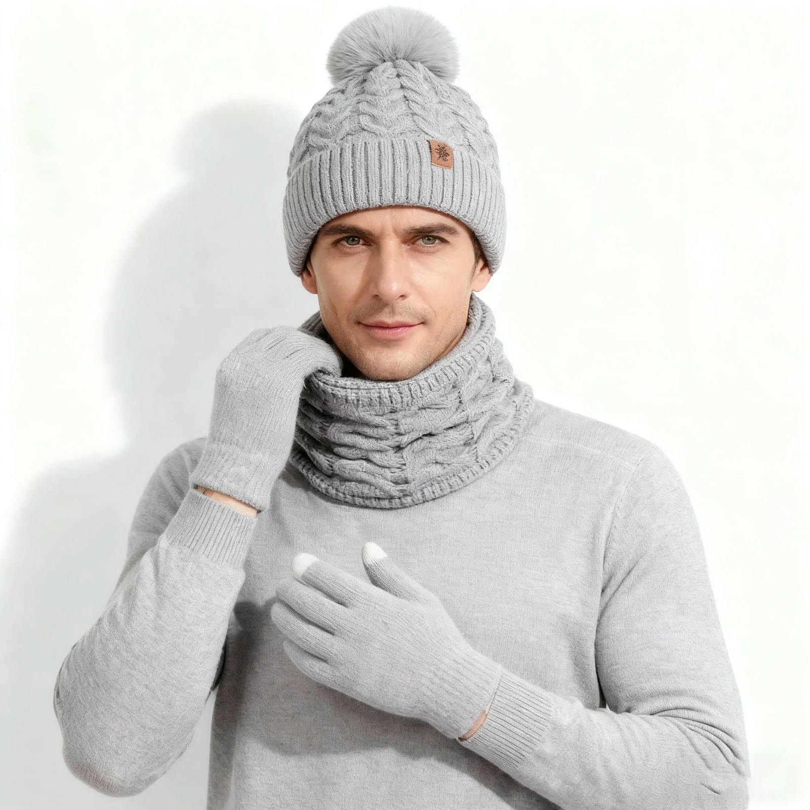 Mütze,Schal & Handschuh-Sets 3-teiliges Damen-winterset – Strickmütze, Touchscreen-Handschuhe Und Umwandelbarer Halskettenschal, Bestehend Aus Wintermütze, Schal Handschuhen -schwarz-3 Stück