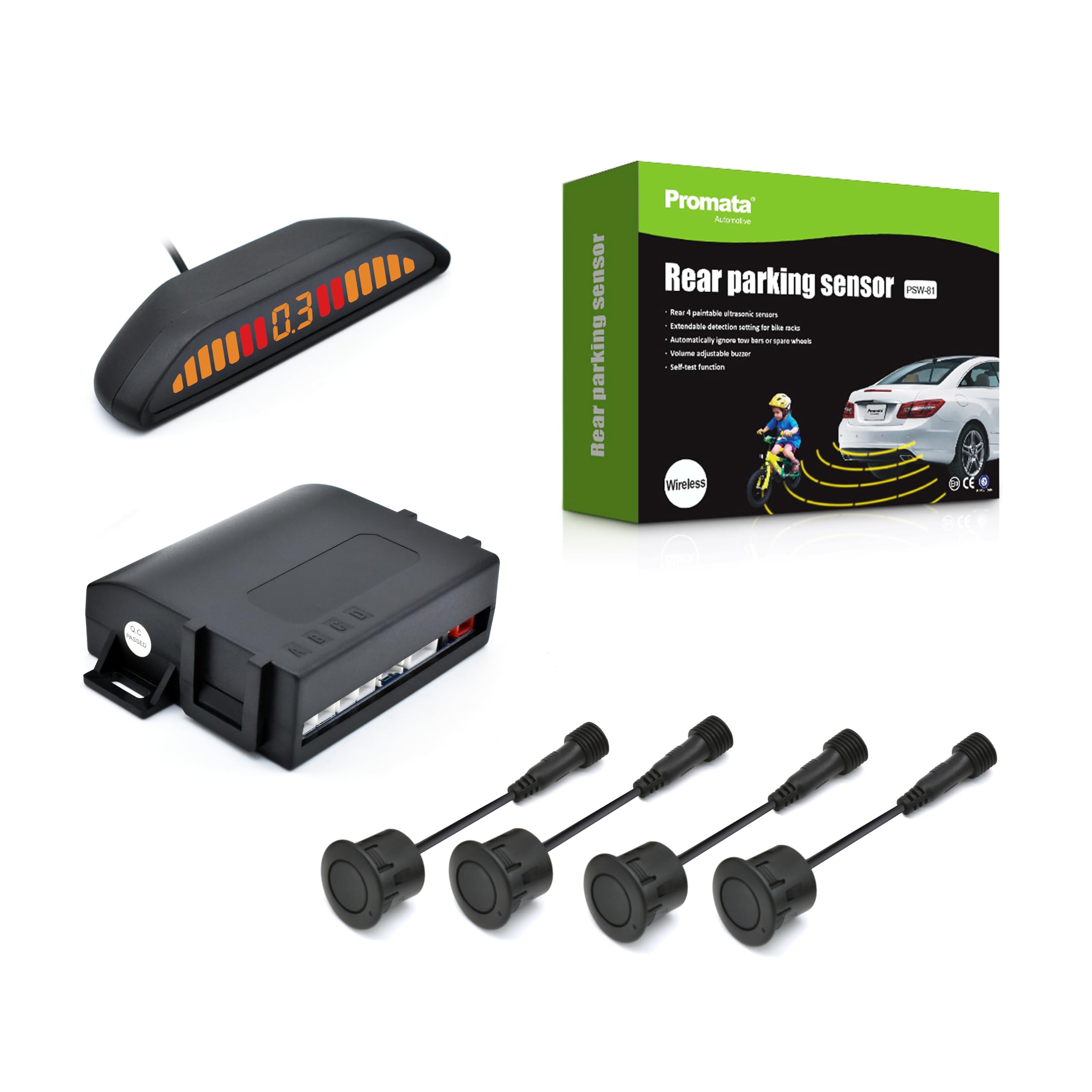 Promata PSW-81 - Sistema radar di retromarcia da 12 V 24 V, kit di parcheggio wireless con 4 sensori da 58 Hz per auto, camion, rimorchio, display capovolto con volume di allarme regolabile