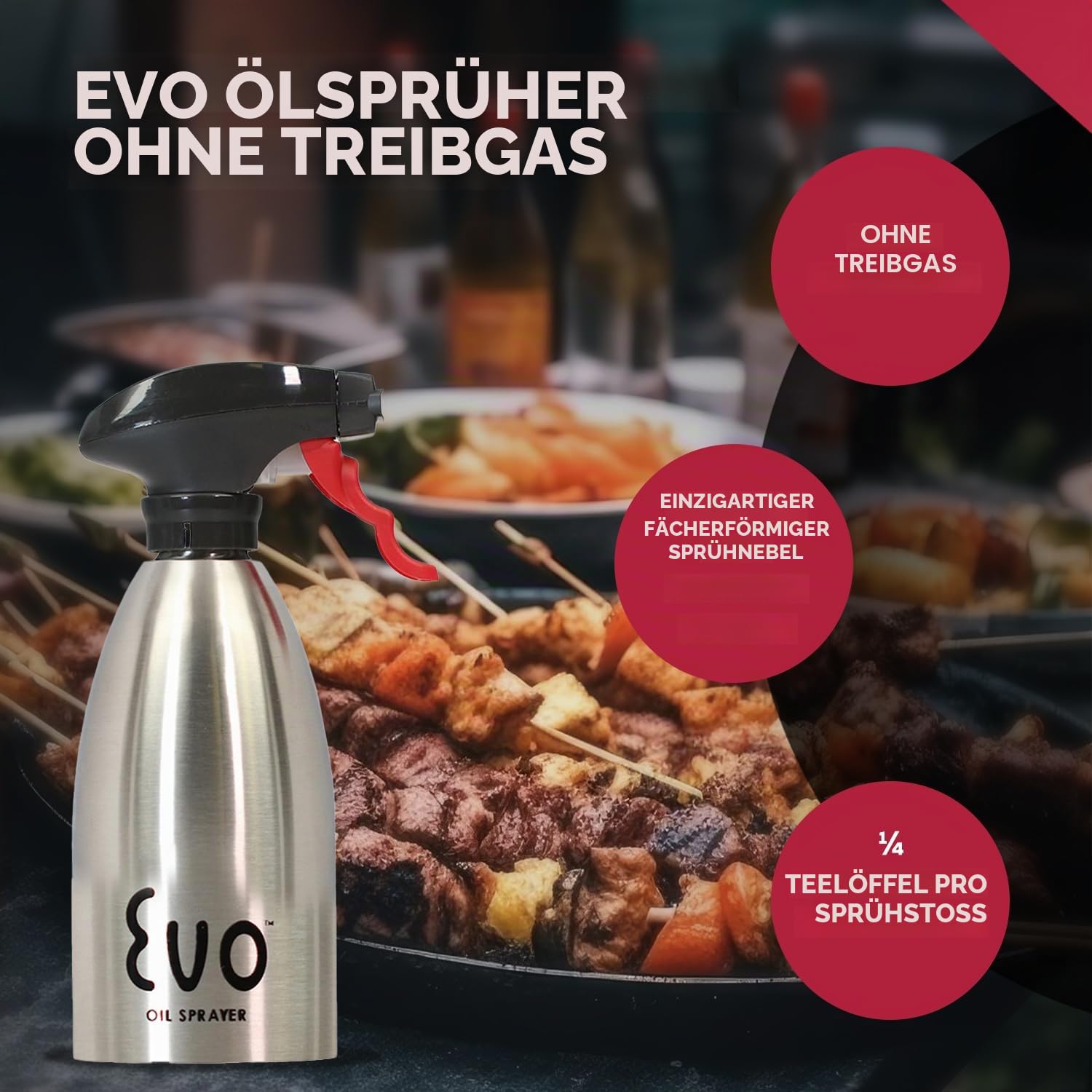 Evo 18/8 Edelstahl-Ölsprüher ohne Aerosol für Olivenöl, Speiseöle und Essige, Silber, 473 ml Fassungsvermögen