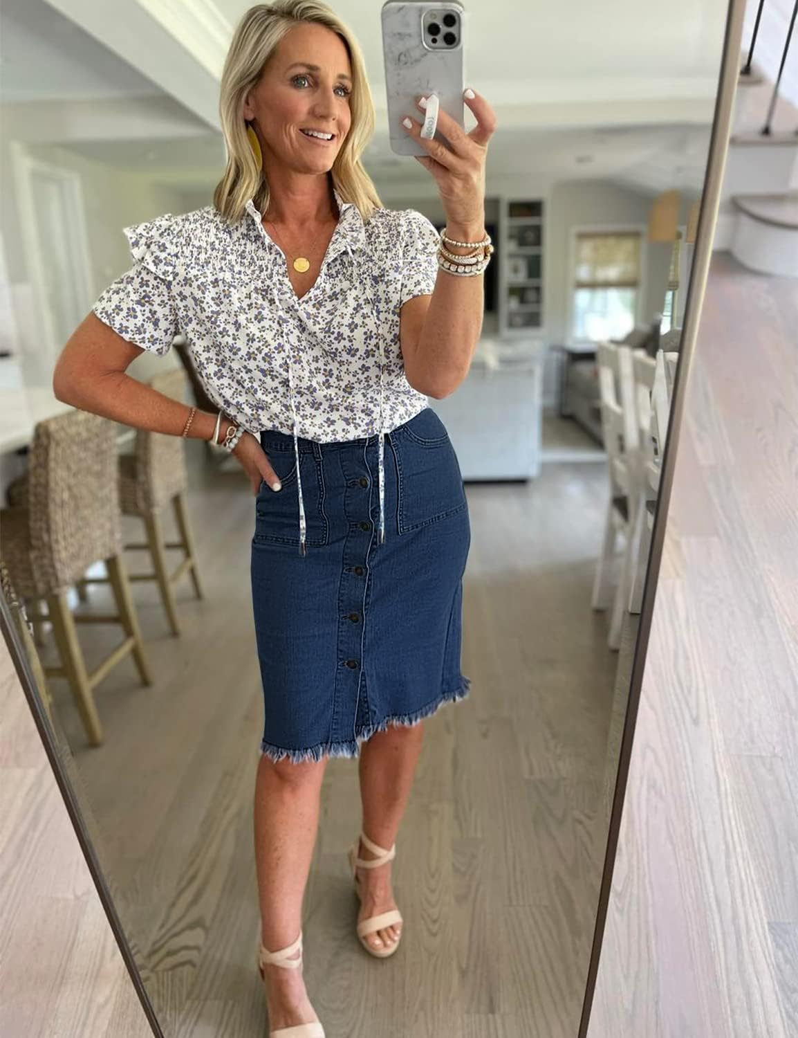 luvamia Women's Casual Mid Rise Button Down Frayed Raw Hem Denim Jean Midi Skirt - Image 6