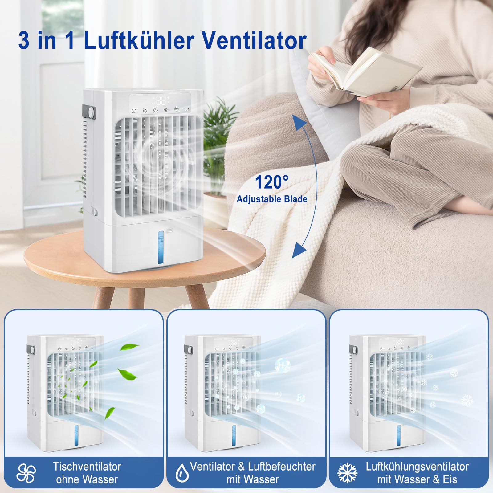 Mobile Klimaanlage Klein, Leise Luftkühler mit Wasserkühlung,3 in 1 Tischventilator für zuhause und büro,Tragbare Air cooler fan mit 900ML wassertank, Klimagerät AC-1-8H Timer