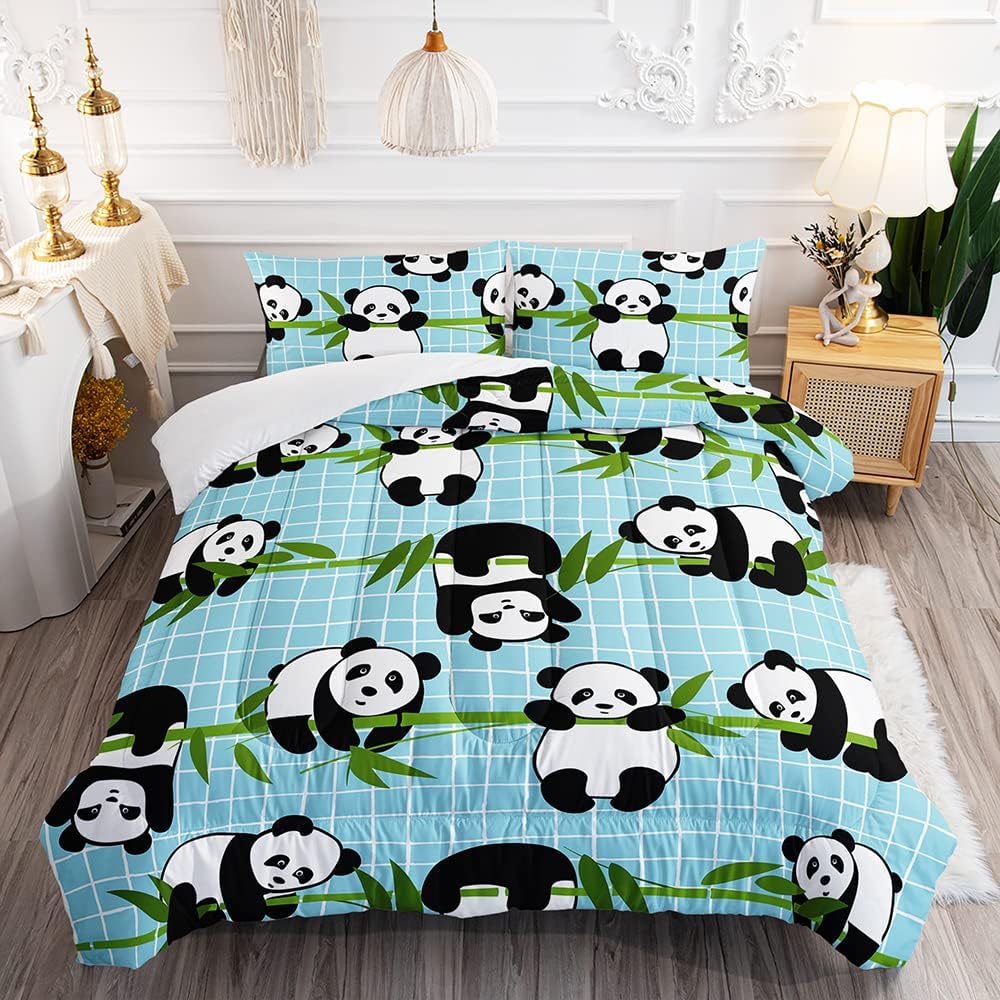 DYcolor 3D Kids Cartoon Lovely Panda Bear Printed Quilt, 3-Piece Lightweight White and Black Panda Comforter Set with 1 Comforter and 2 Pillow Cases for Boys, Girl (Black, Twin)