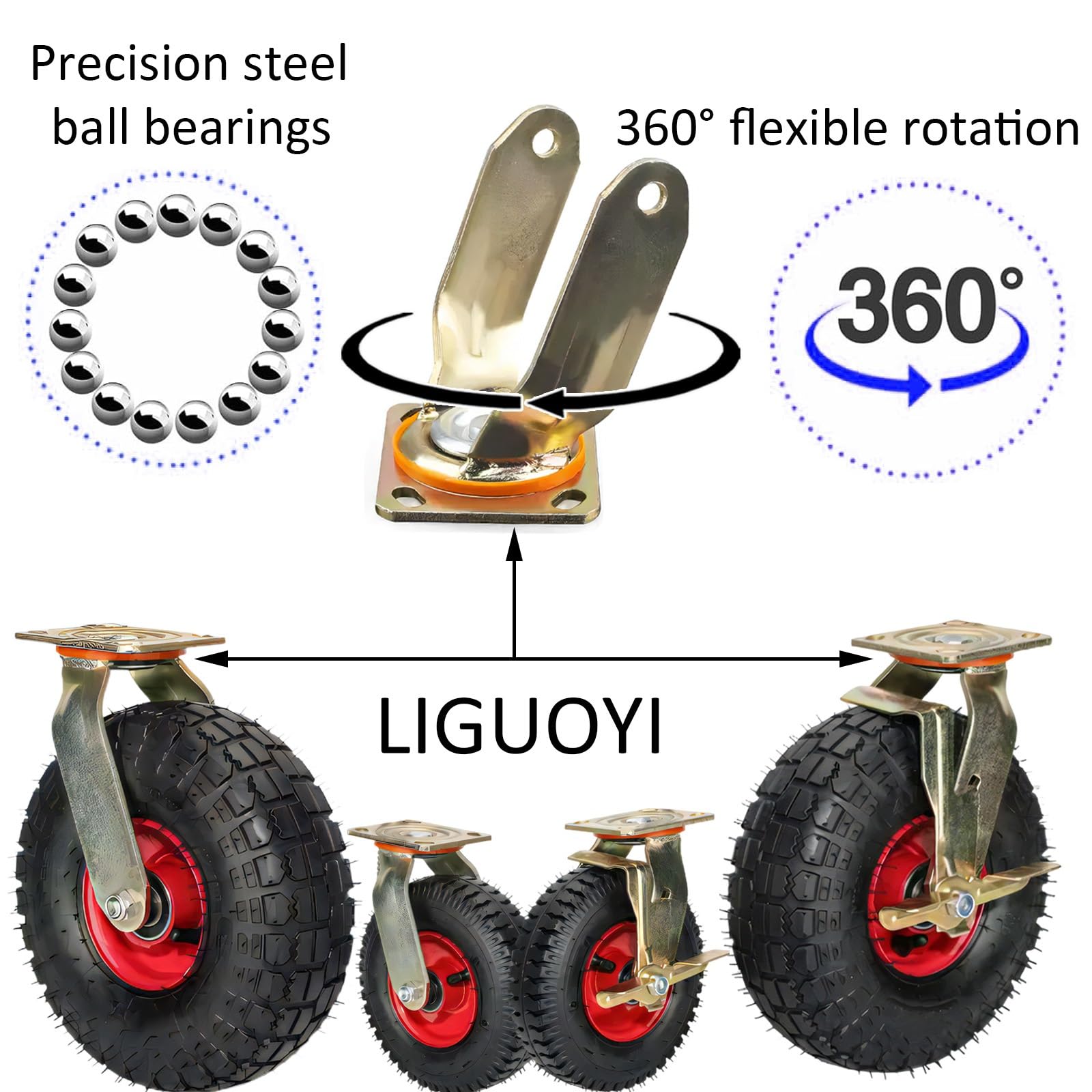Rotelle di Ricambio, Confezione da 4, Ruota Industriale per impieghi gravosi, Ruota Girevole pneumatica da 8/10 Pollici con Freni, per banco da Lavoro, Ruote per carrelli e Cassette