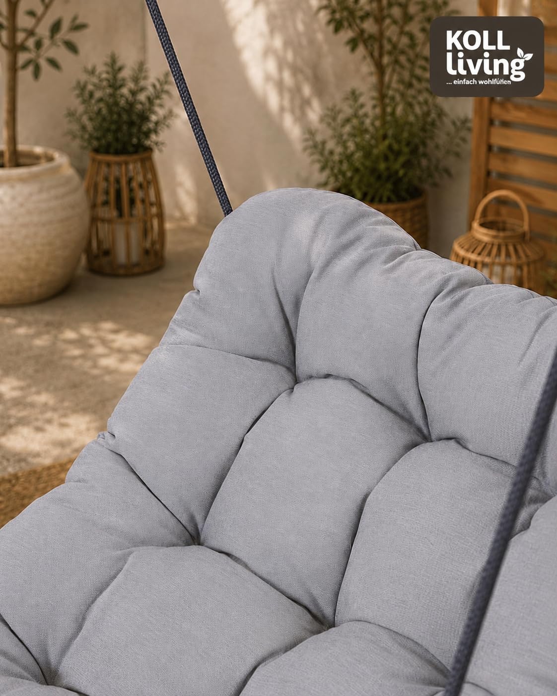Koll Living Outdoor Hängesessel Nova | Dunkelgrau/Hellgrau | B110 x T101 x H194 cm | Stahlgestell pulverbeschichtet | UV-beständig & belastbar | Relaxsessel für Garten, Balkon & Terrasse