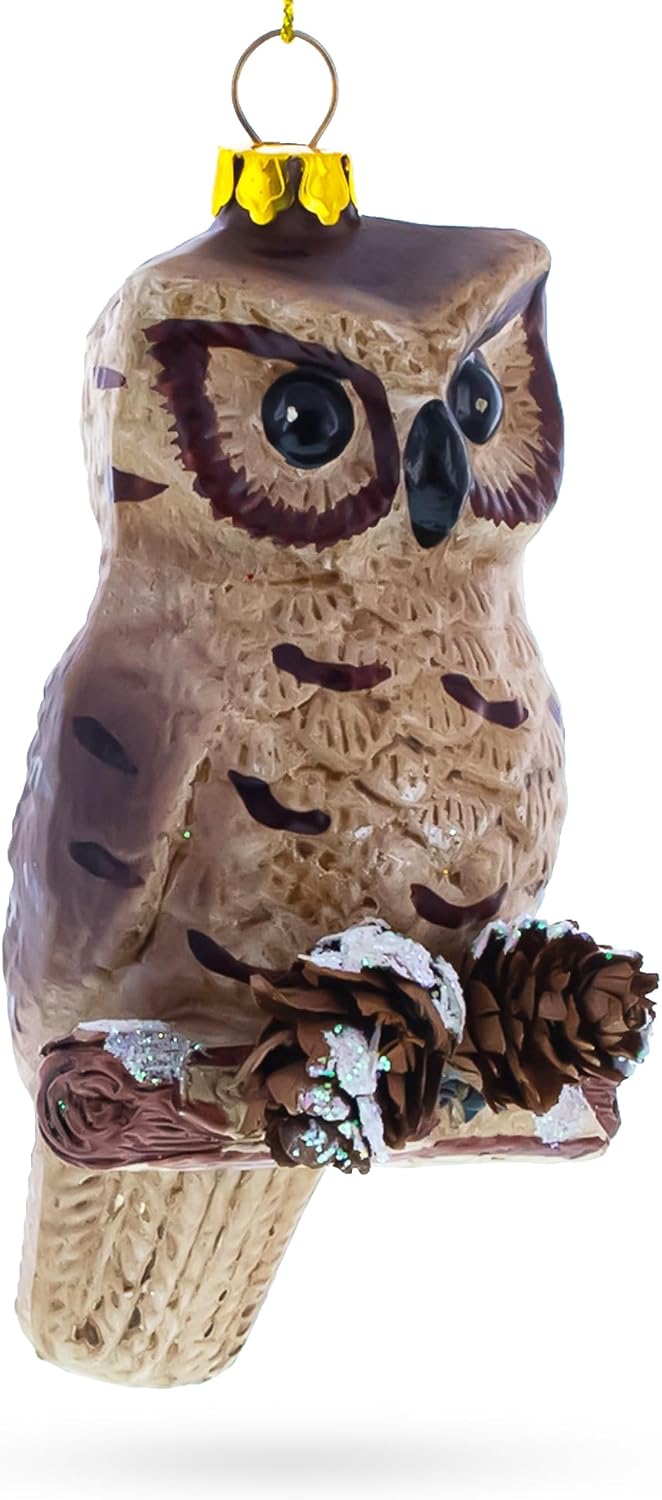 Wise Owl Perched on Branch Blown Glass Christmas Ornament - Image 2
