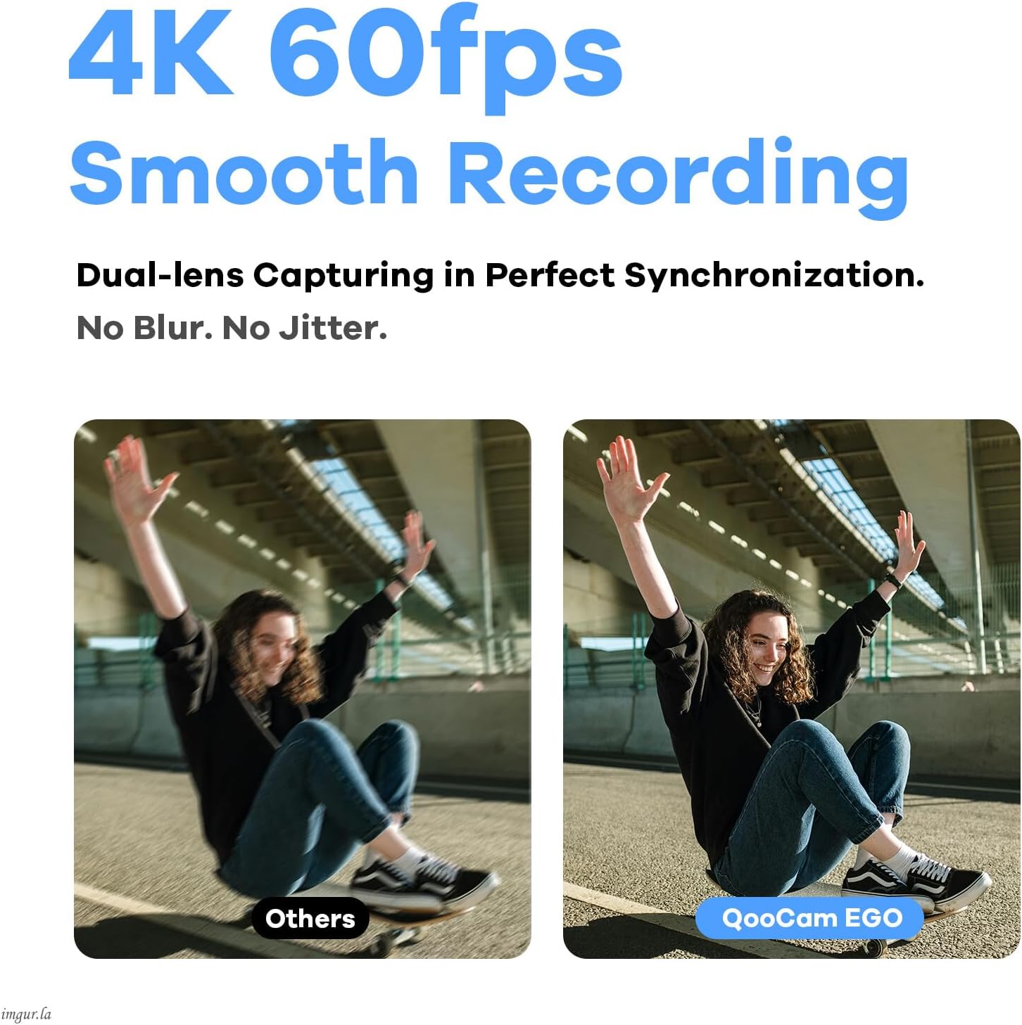 Comparison of video smoothness between 'Others' and 'QooCam EGO' showing a person skateboarding, with QooCam EGO's image being clear and stable.