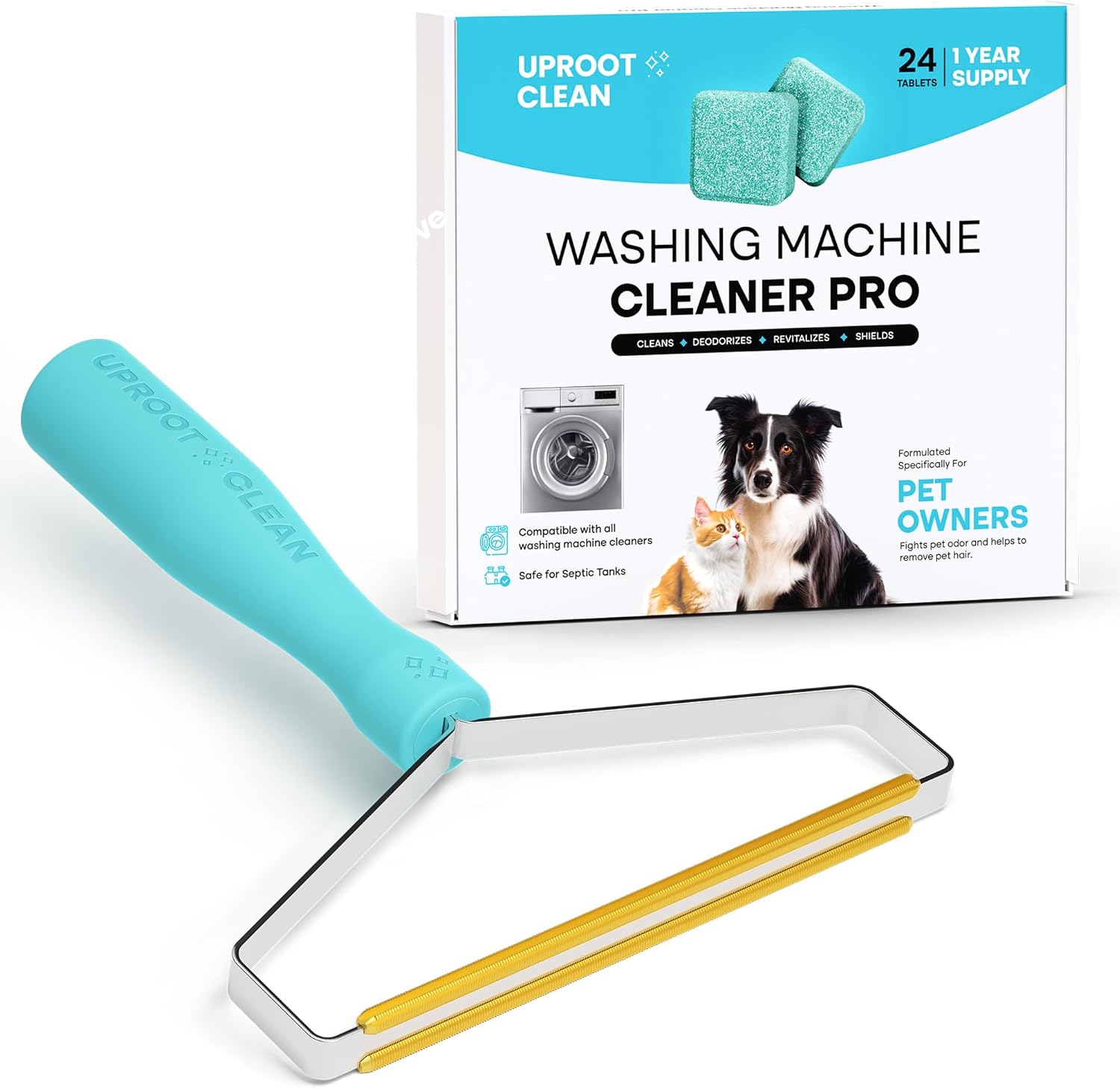 Uproot Cleaner Pro Pet Hair Remover & Washing Machine Cleaner Tablets Pro Set: The Original Reusable Handheld Pro Meets Our Washer Machine Cleaning Tablets for Pet Owners - Tidy Furniture Laundry