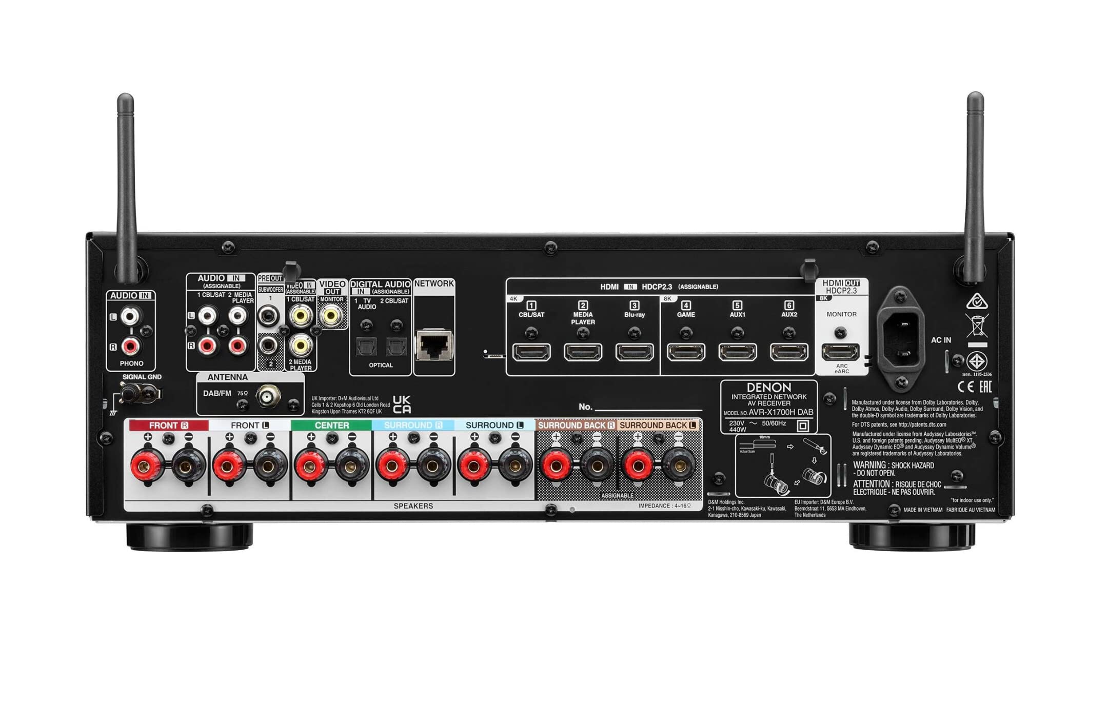 DENON AVR-X1700HDAB, Ricevitore AV a 7.2 canali, amplificatore HiFi con Dolby Atmos, DTS:X, 6 ingressi HDMI e 1 uscita, 8K HDMI, Bluetooth, WLAN, AirPlay 2, HEOS Multiroom, compatibile con Alexa