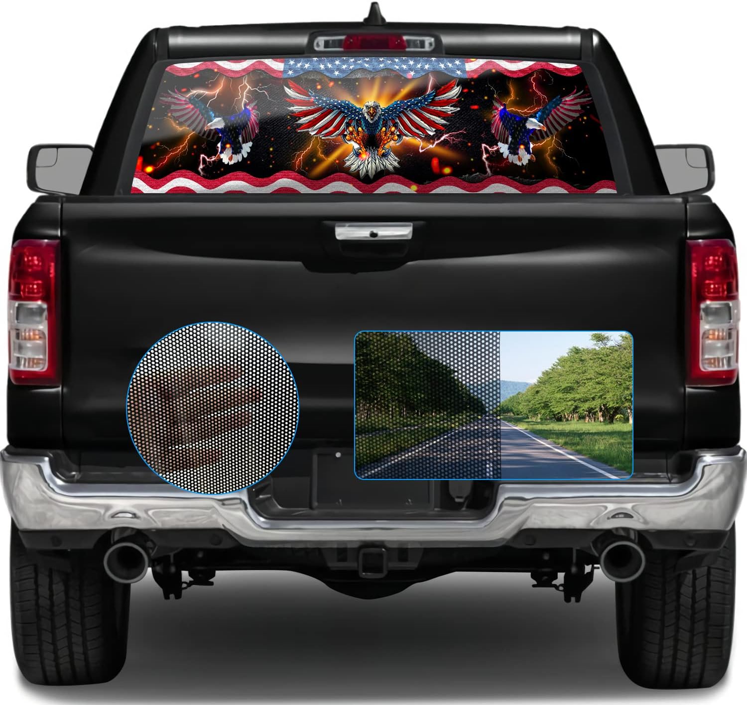 Truck Rear Window Perforated Decal Personality Lightning American Flag Eagle Fit Most Pickup Trucks, SUV, Cars - Patriotic Decoration Perforated Vinyl Sticker Size 66" x 20"