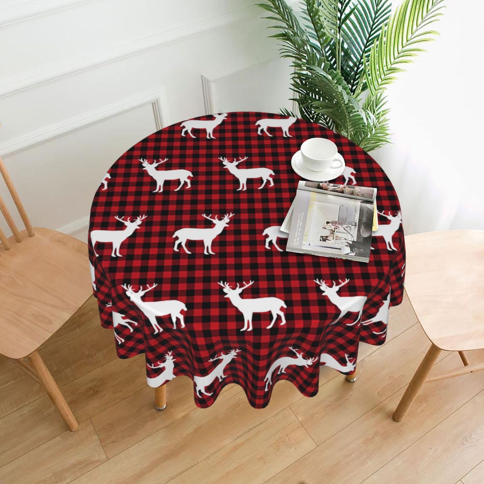 HJFCZH Buffalo Plaid Deer Prints Round Decorative Tablecloth 60in - High-Grade Polyester Throw for Dinners, Weddings & Everyday Use
