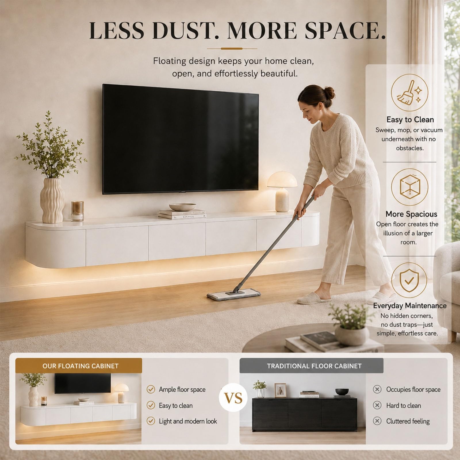 Mobile TV Sospeso Moderna Consolle Multimediale Da Parete Con Cassetti E Ante Ribaltabili, Mobile Porta TV Sospeso Con Passacavi Nascosti Per Salotto Camera Ingresso Studio(Wooden white,94.5in/2.4m)