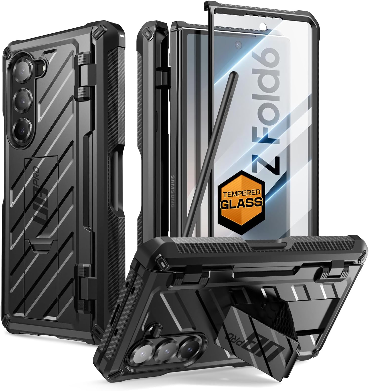 SUPCASE for Samsung Galaxy Z Fold 6 Case with S Pen Holder (UB Pro) [Built-in Screen Protector & Kickstand] [Military-Grade Protection] Heavy Duty Rugged Phone Case 360° Full Shockproof Cover, Black