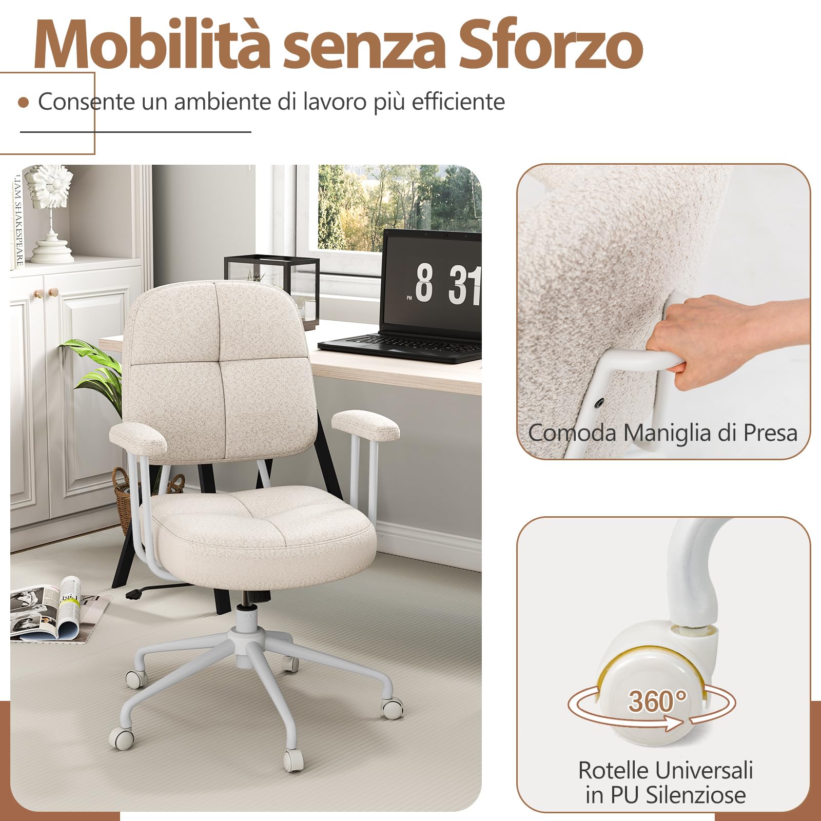 COSTWAY Sedia da Ufficio, con Schienale e Braccioli, Sedia Girevole Regolabile con Funzione a Dondolo e Ruote per Camera da Letto, Studio, Portata 150 kg (Bianco)