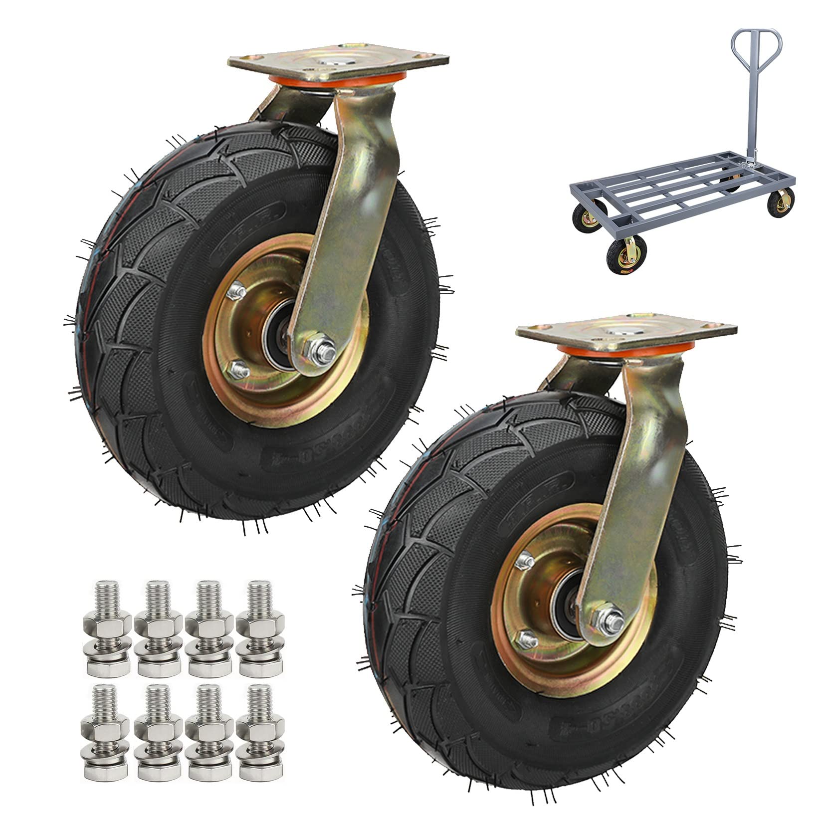MXXQRHF Heavy Duty Rubber Caster Wheels (2Pack) Industrial Swivel & Fixed Pneumatic Casters with Brakes and Top Plate for Trolleys Flat Carts Workbenches Durable Smooth Mobility
