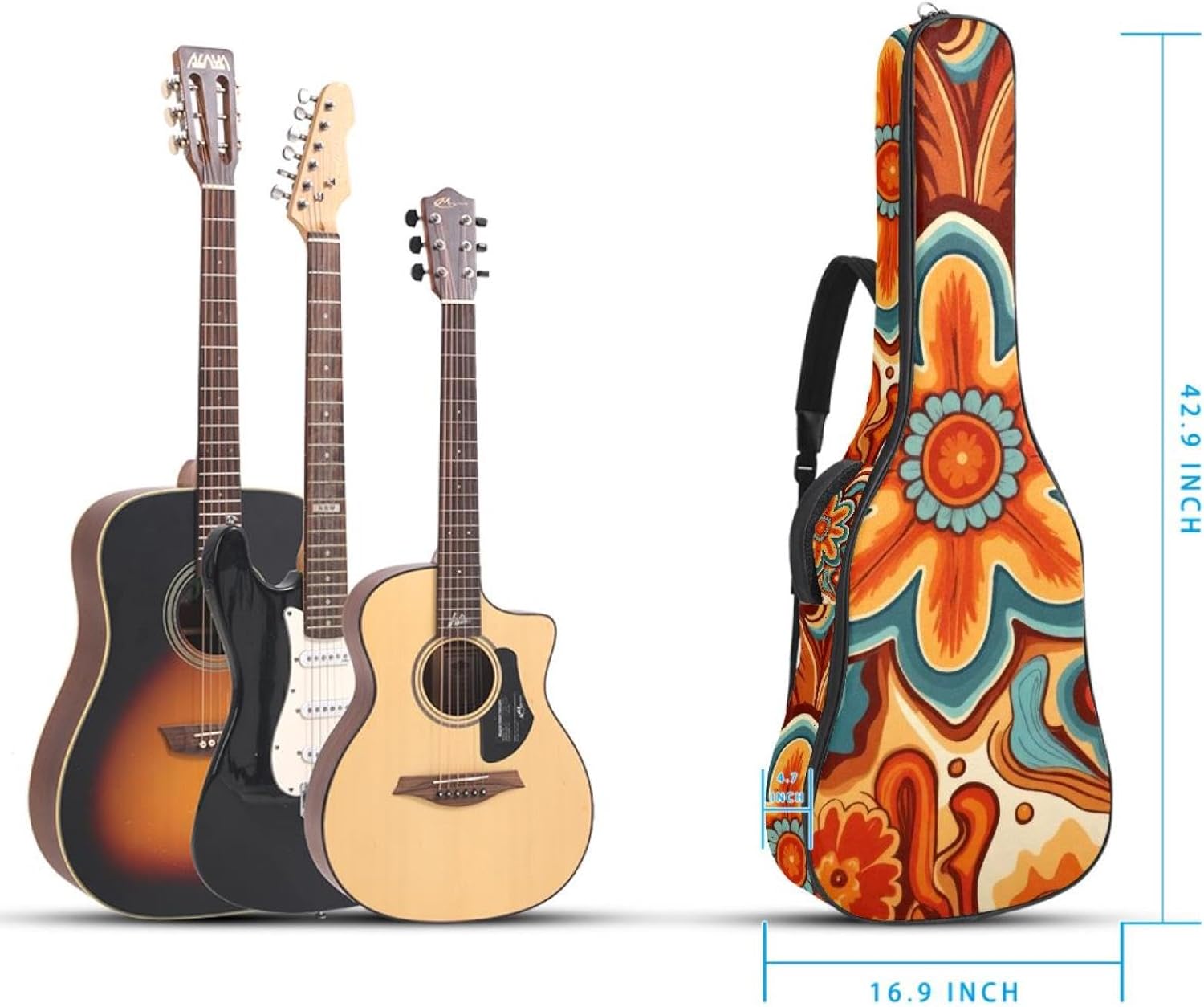 Acoustic Guitar Bag 0.4 Inch Thick Padding Waterproof Guitar Case Gig Bag for 40 41 42 Inch Electric Bass Classical Guitar, Retro Wild West Surface Design