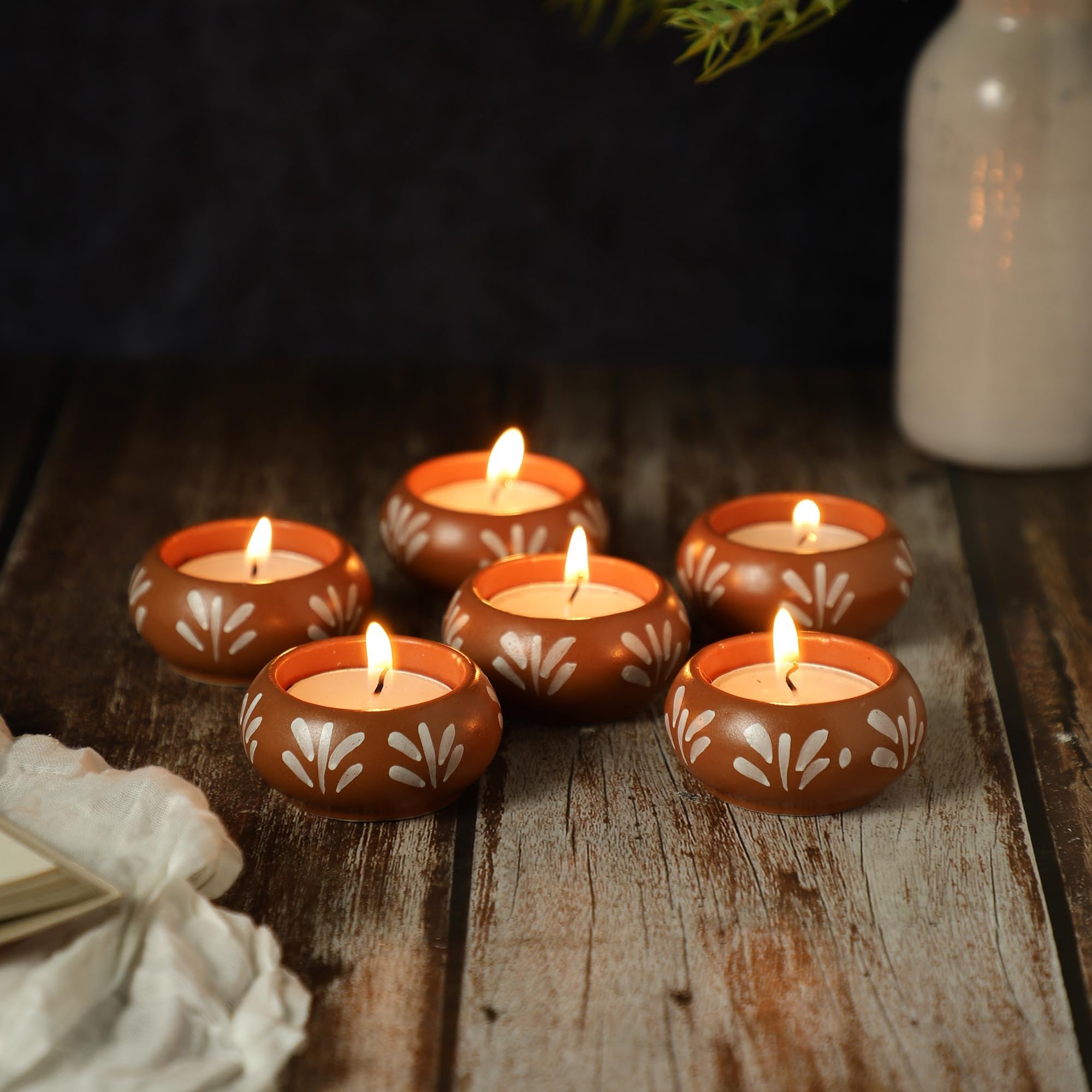 VarEesha Handmade Floral Pattern Terracotta Ceramic Diya| Tea Light Holders Set of 6 Tealight Holder T Lite Candle Stand for Home Decoration