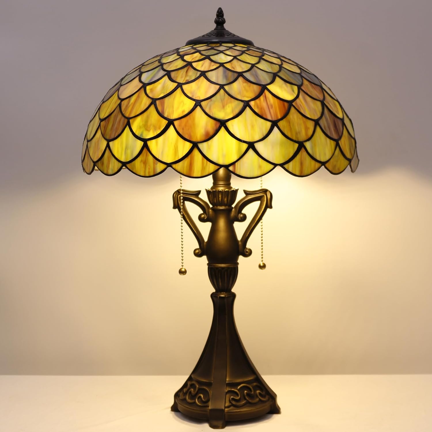 Tiffany Table Lamp 24 Inch High Antique Stained Glass Brown Fish Scales Desk Reading Light Wide 16 Inch for Bedroom Living Room Home Office