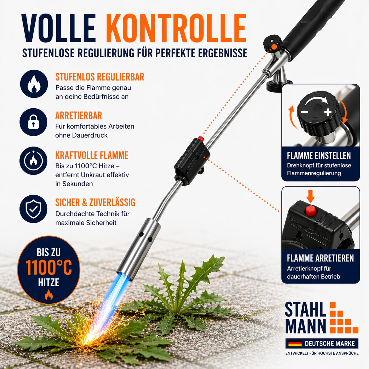 STAHLMANN®Unkrautvernichter inkl. Gaskartuschen - stabiler Unkrautbrenner mit Piezozündung stufenlos regulierbar – Unkrautentferner Gerät mit ergonomischen Griff (4 Kartuschen)