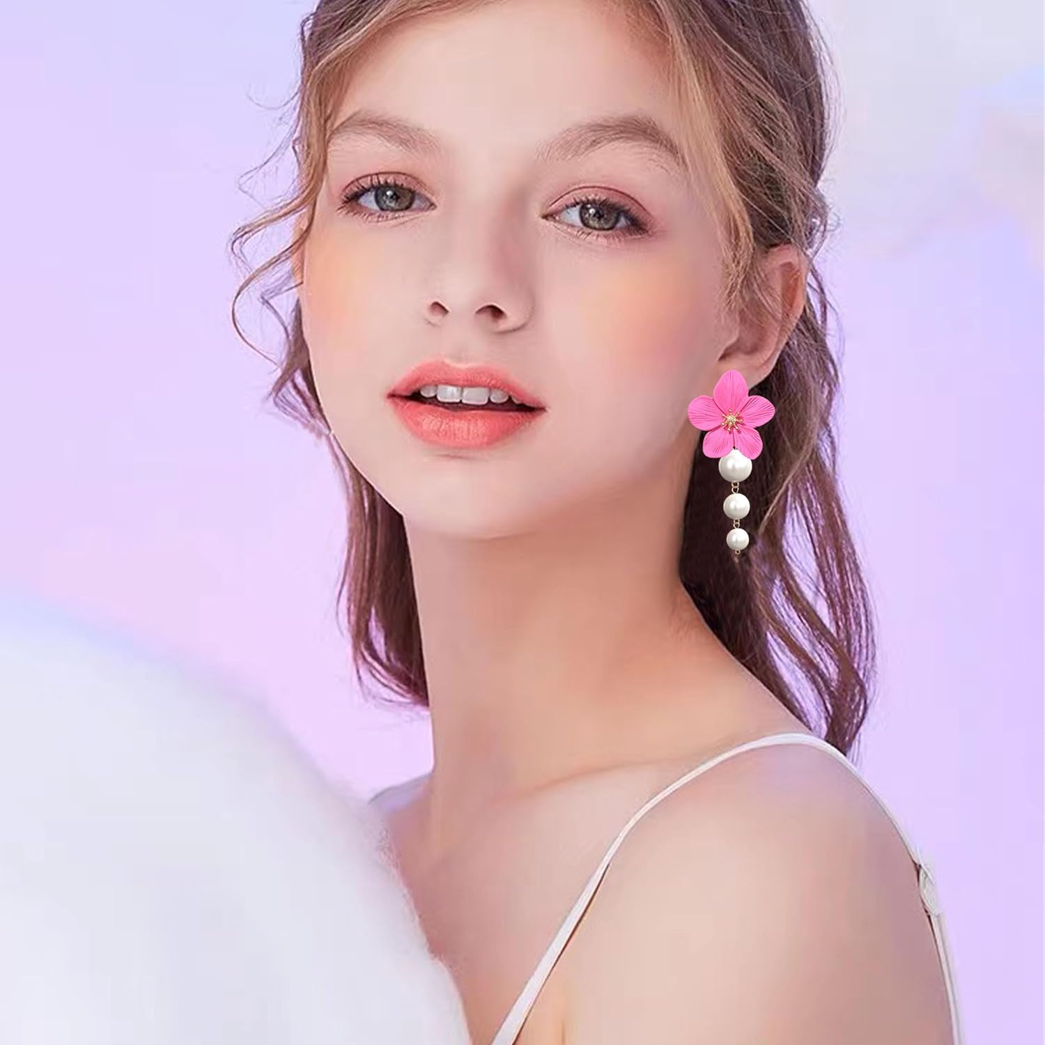 Floral Pearl Statement Earrings For Women Flower Large Stud Dangle Drop Earrings Boho - Image 4