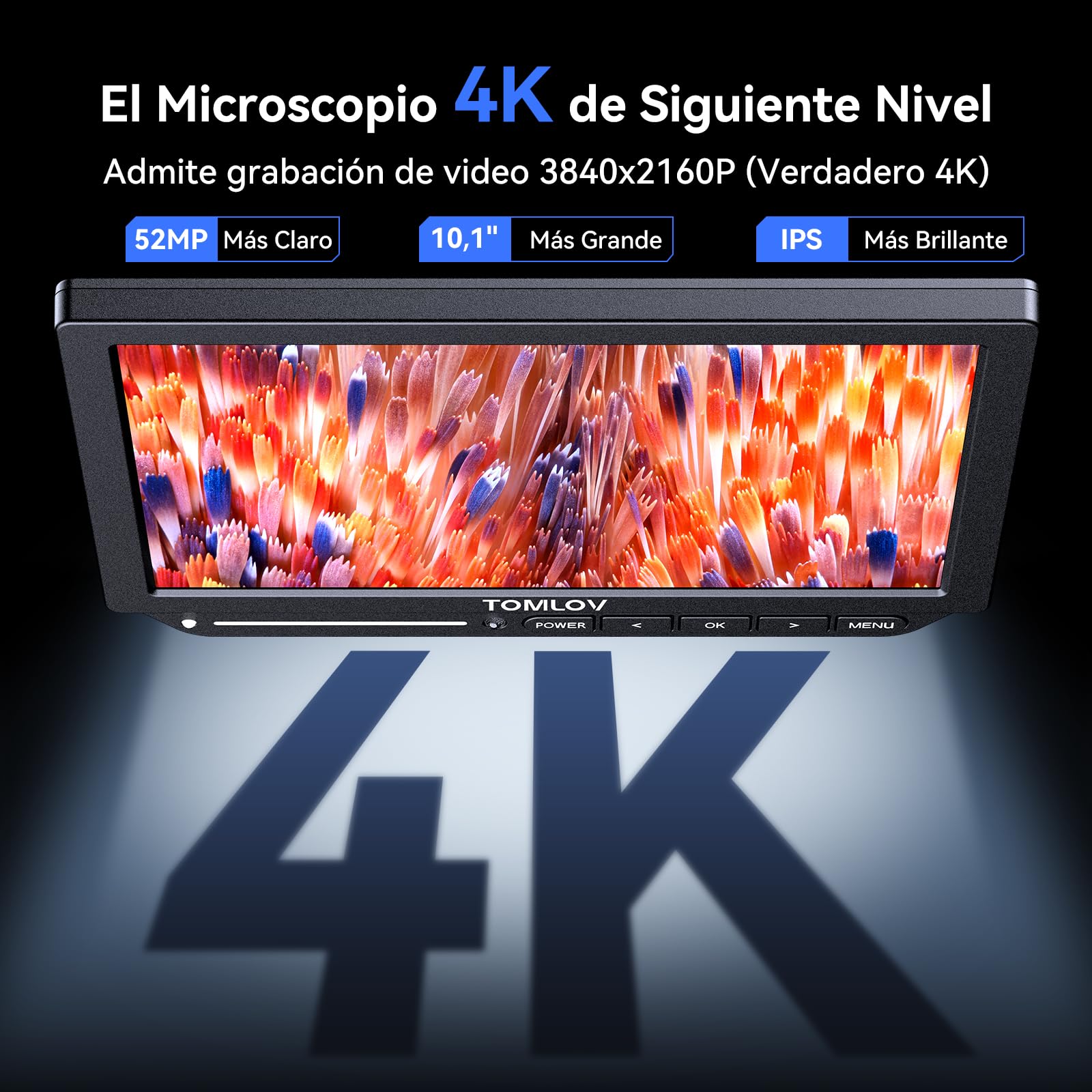 TOMLOV TM4K-AF MAX Microscopio Digital con Autofoco 2000X, Magnificación 4K HDMI con Pantalla IPS de 10,1", Regalo para Adultos, Cámara de 52MP para Piezas y Soldadura con Luz de Anillo, PC/TV, 64GB