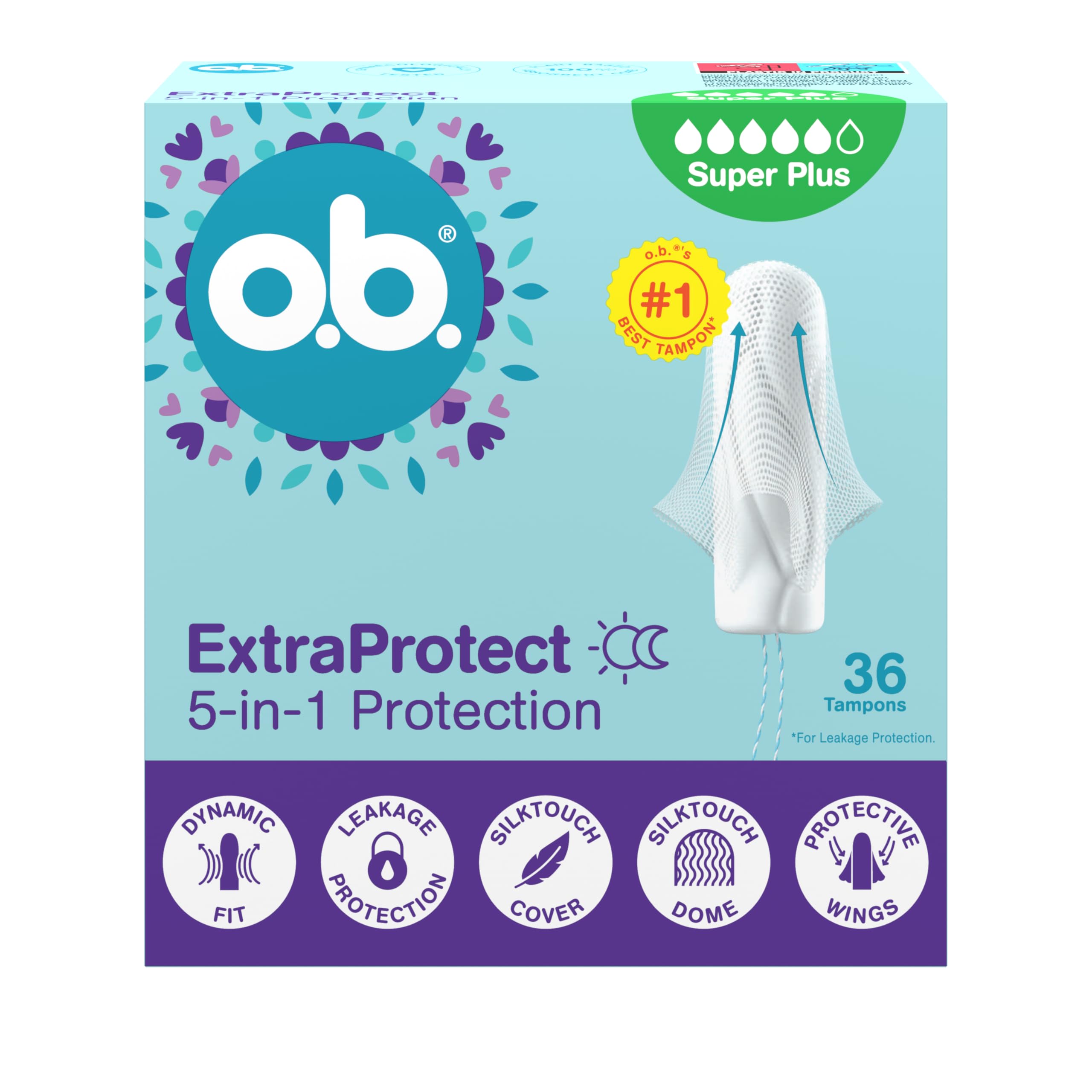 o.b. ExtraProtect Super Plus Tampony 36 szt. NOWOŚĆ, dodatkowe skrzydełka zabezpieczające, do 100% ochrony przed przeciekaniem w dzień i w nocy, na bardzo obfite krwawienie, duże opakowanie