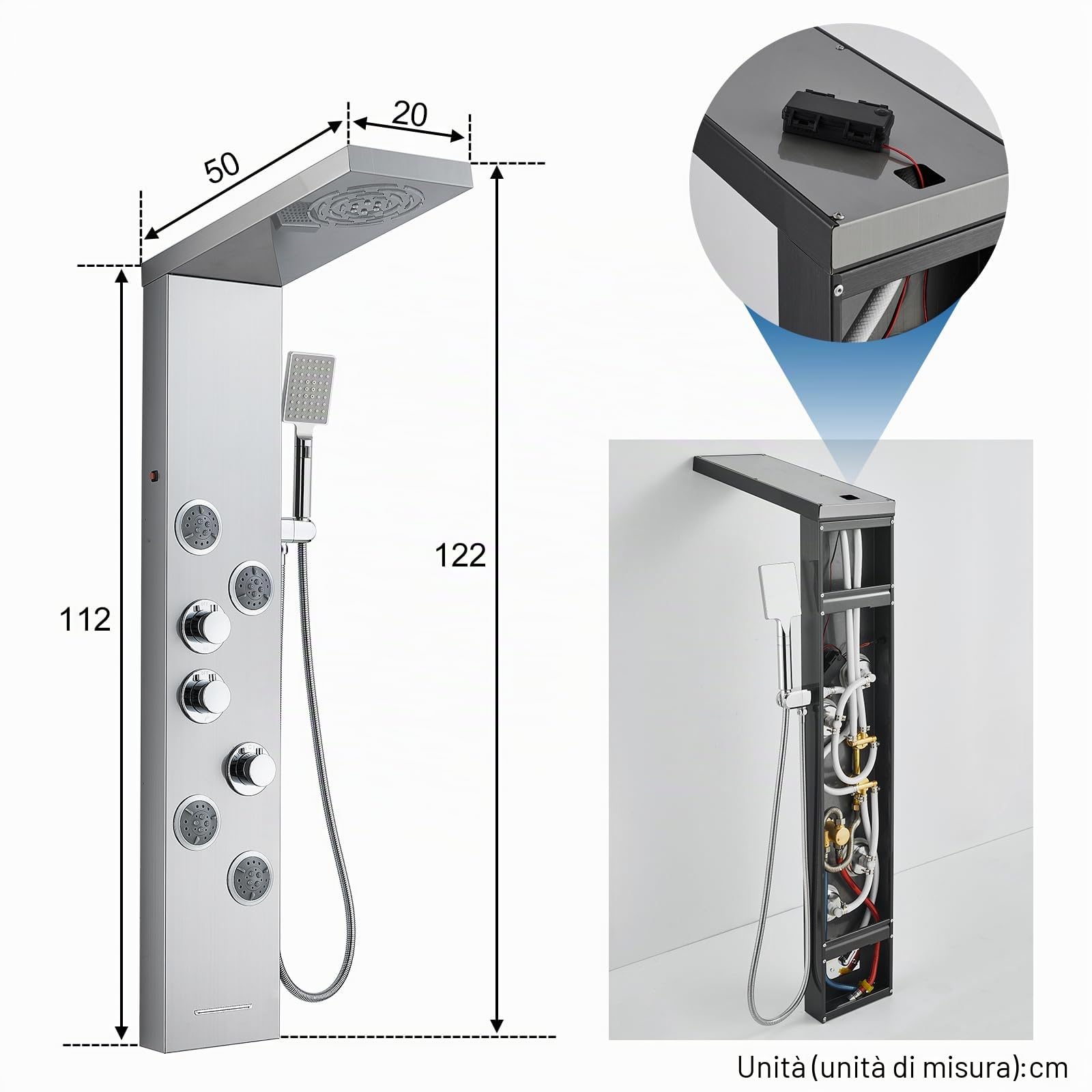 Sistema di pannello LED doccia termostatica miscelatore 6 funzioni, colonna pioggia e nebbia, 4 getti di massaggio, doccetta e beccuccio per vasca