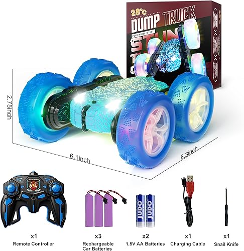 Miniatura 7 de Coche de control remoto de 82.4 F, auto de juguete de acrobacias de 2.4 Ghz con faros, luces de rueda, rotación de 360 , autos RC de doble cara,