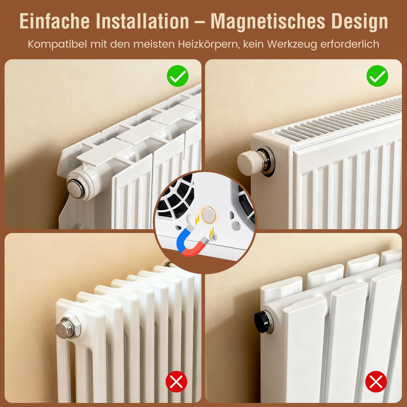 Heizkörper Ventilator mit 3 Lüftern, SURAIELEC Heizungsventilator mit Magnetischer Befestigung, 3 Geschwindigkeiten & Auto-Modus, 5200mAh Akku, USB-C, Temperaturanzeige, Weiß, CE Zertifiziert