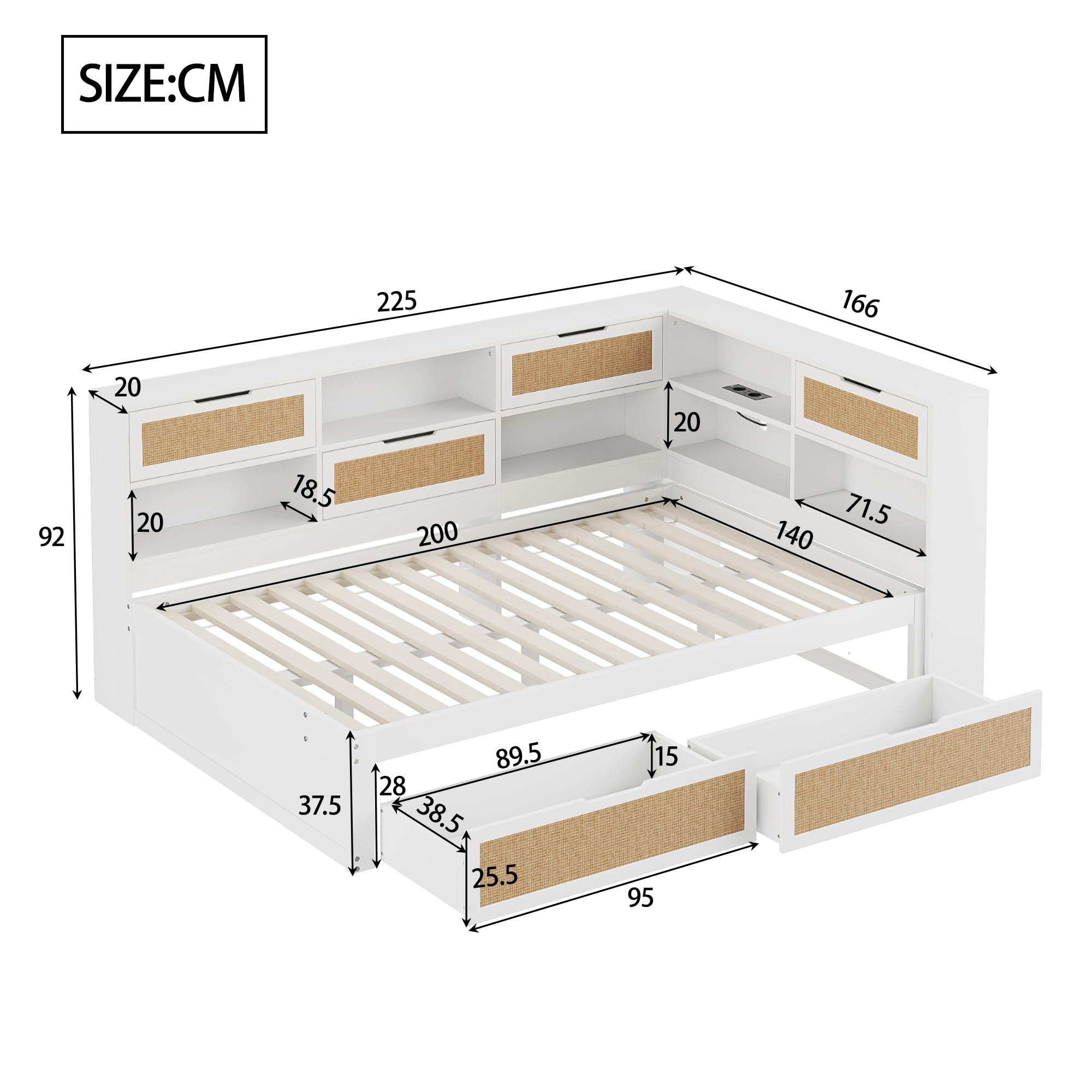 Łóżko dwuosobowe, 140 x 200 cm, drewniana sofa z szufladami i ramą łóżka, z zagłówkiem, modułami z przegrodami i listwami do nowoczesnych mieszkań, kolor biały