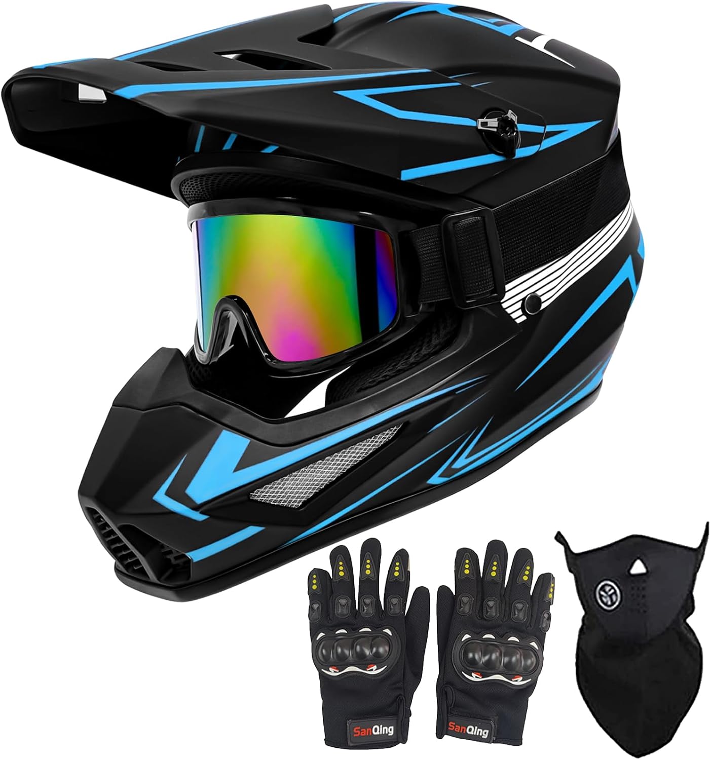 Youth Motorcross Helmet, Kids Dirt Bike Helmets, Motorcycle Helmets Off-Road Mountain Bike BMX MX ATV Helmet with(Gloves Goggles Mask) 4Pcs Set - DOT Approved (B-Blue, Medium)
