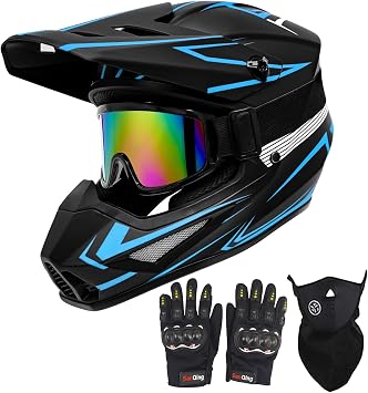 Youth Motorcross Helmet, Kids Dirt Bike Helmets, Motorcycle Helmets Off-Road Mountain Bike BMX MX ATV Helmet withGloves Goggles Mask 4Pcs Set - DOT Approved B-Blue, Small