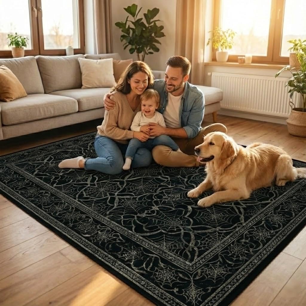 5X7 Area Rugs for Living Room, Machine Washable Non Slip Spider Web Gothic Rugs, Low Pile Lightweight Black Rug for Kids Room,Bedroom, Dining Room (Black, 5X7)