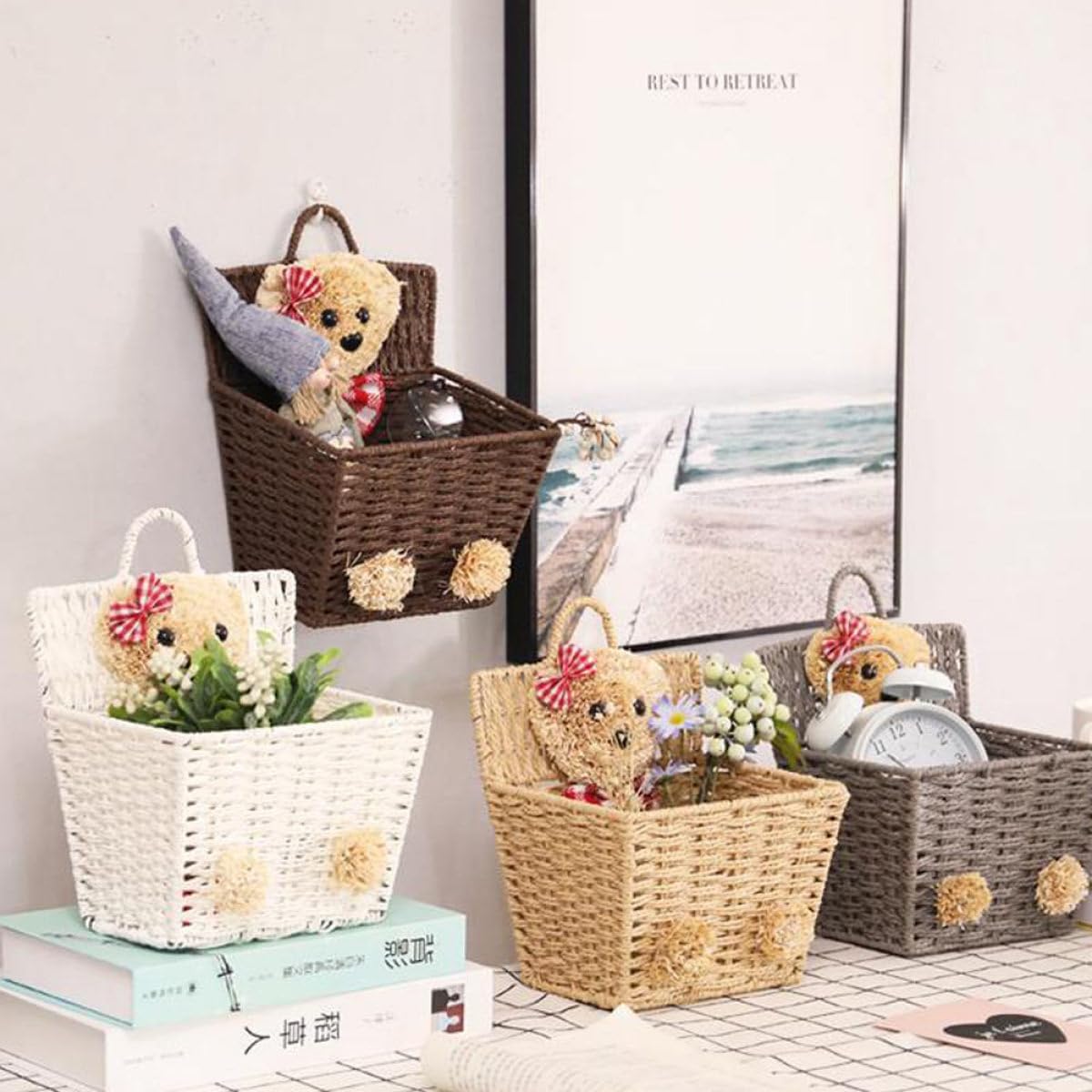 MAGICLULU Cartoon Bear Woven Hanging Basket, Handmade Wicker Desktop Storage Container, Khaki Wicker Organizer for ’ Room Nursery Storage