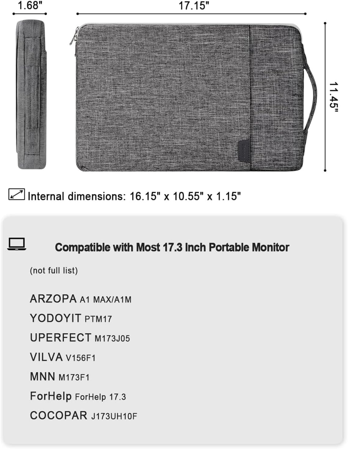 17.3-inch Portable Monitor Case with Acessories Storage, Sleeve for Most 17.3" Portable Monitors, Water-Resistant Monitor Cover with Pocket, (Gray)