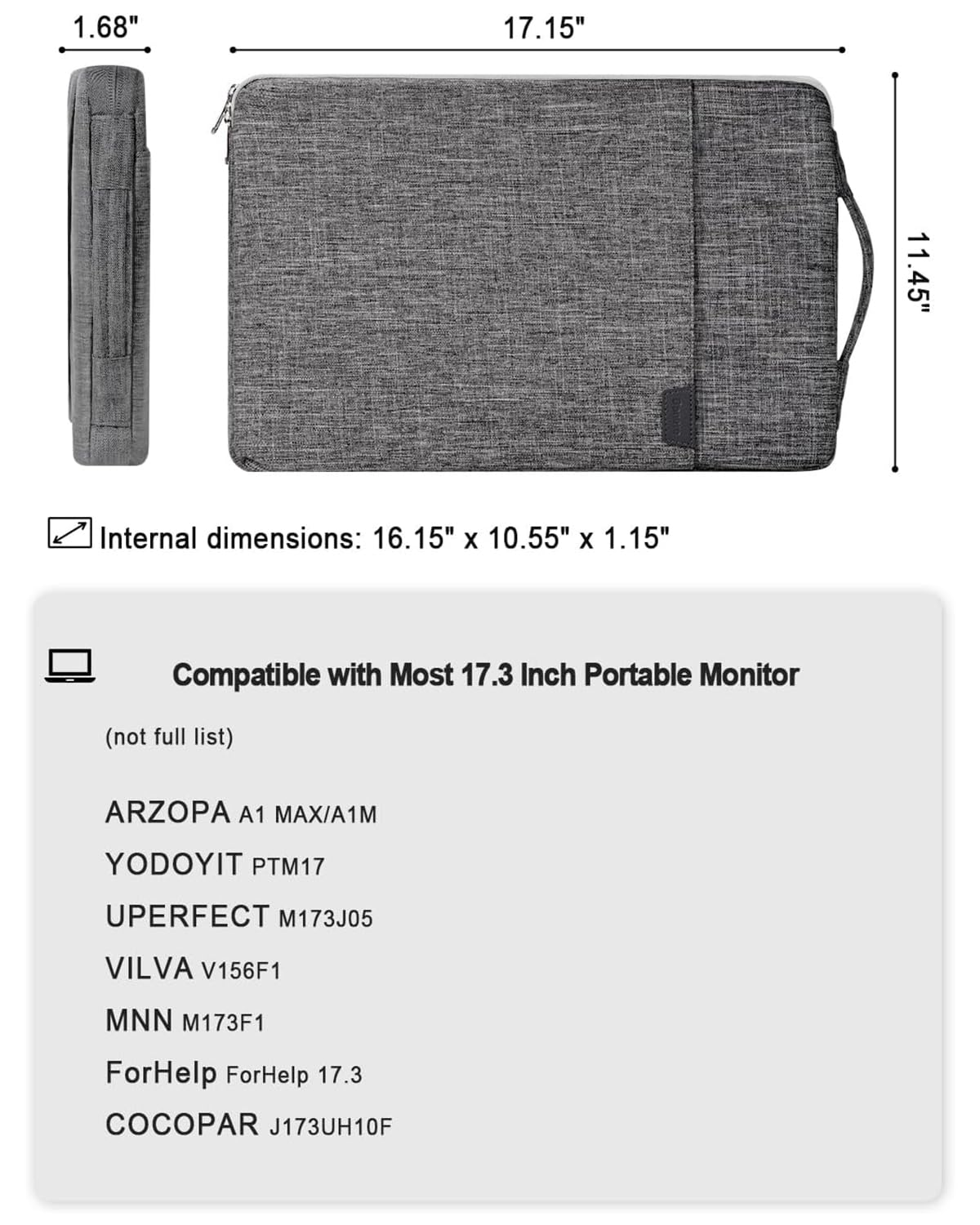 Funda para monitor portátil de 17.3 pulgadas con almacenamiento de accesorios | Funda para la mayoría de monitores portátiles de 17.3 pulgadas, resistente al agua, con bolsillo, (gris)