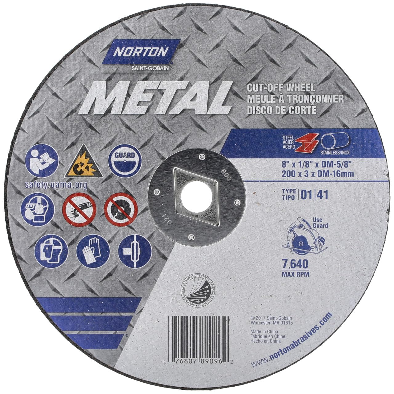 Norton 7660789096 8x1/8xDM-5/8 in. Metal Circular Saw Reinforced Cut-Off Wheels, Type 01/41, 24 Grit, 10 Pack