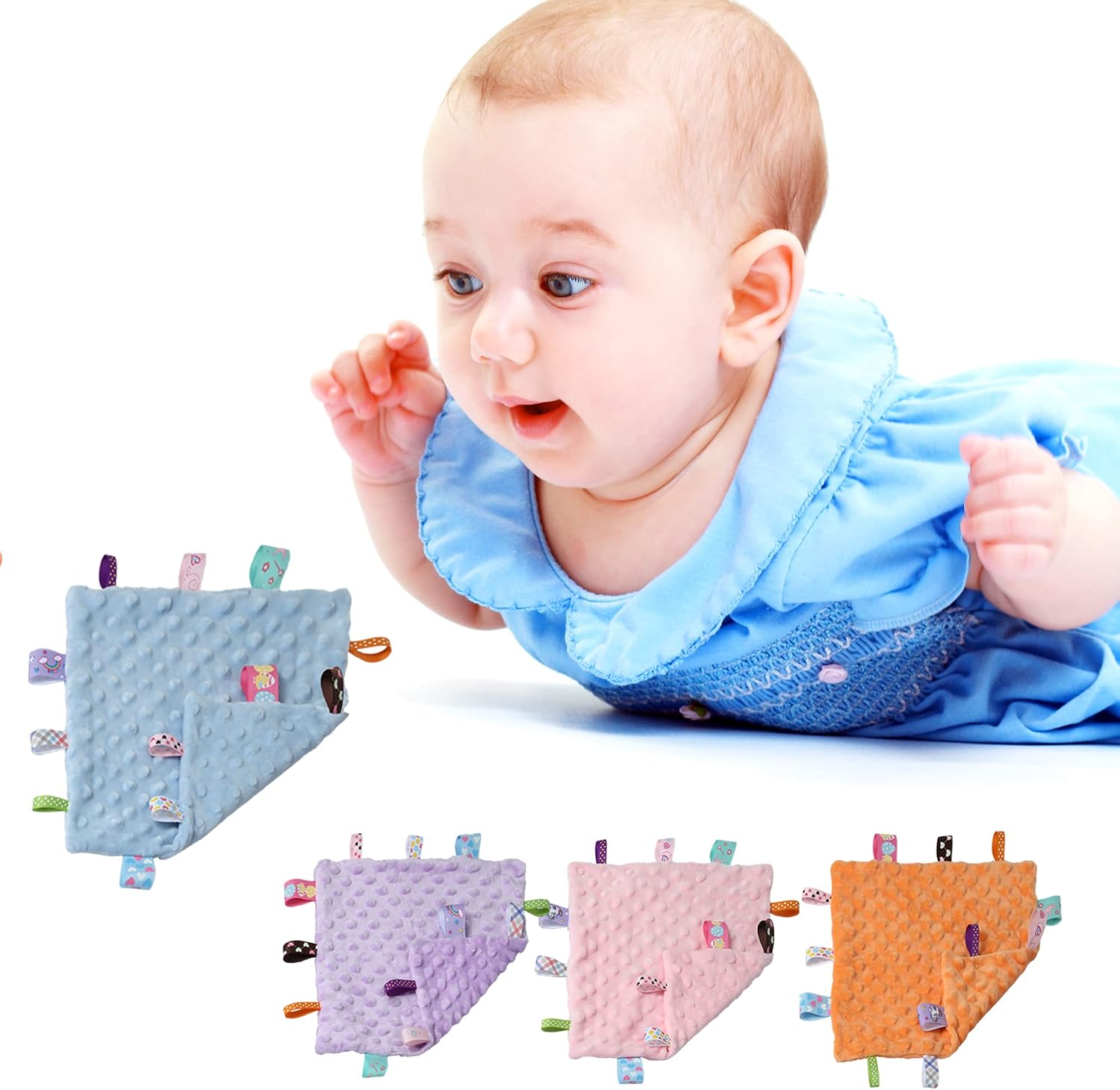 CREVENT Tag Security Blankets for Babies, Soft Small Loveys for Boys, Baby Comforter Sensory Blanket, Great Gifts for Birthday Baby Shower (10"X10" Blue Tag)