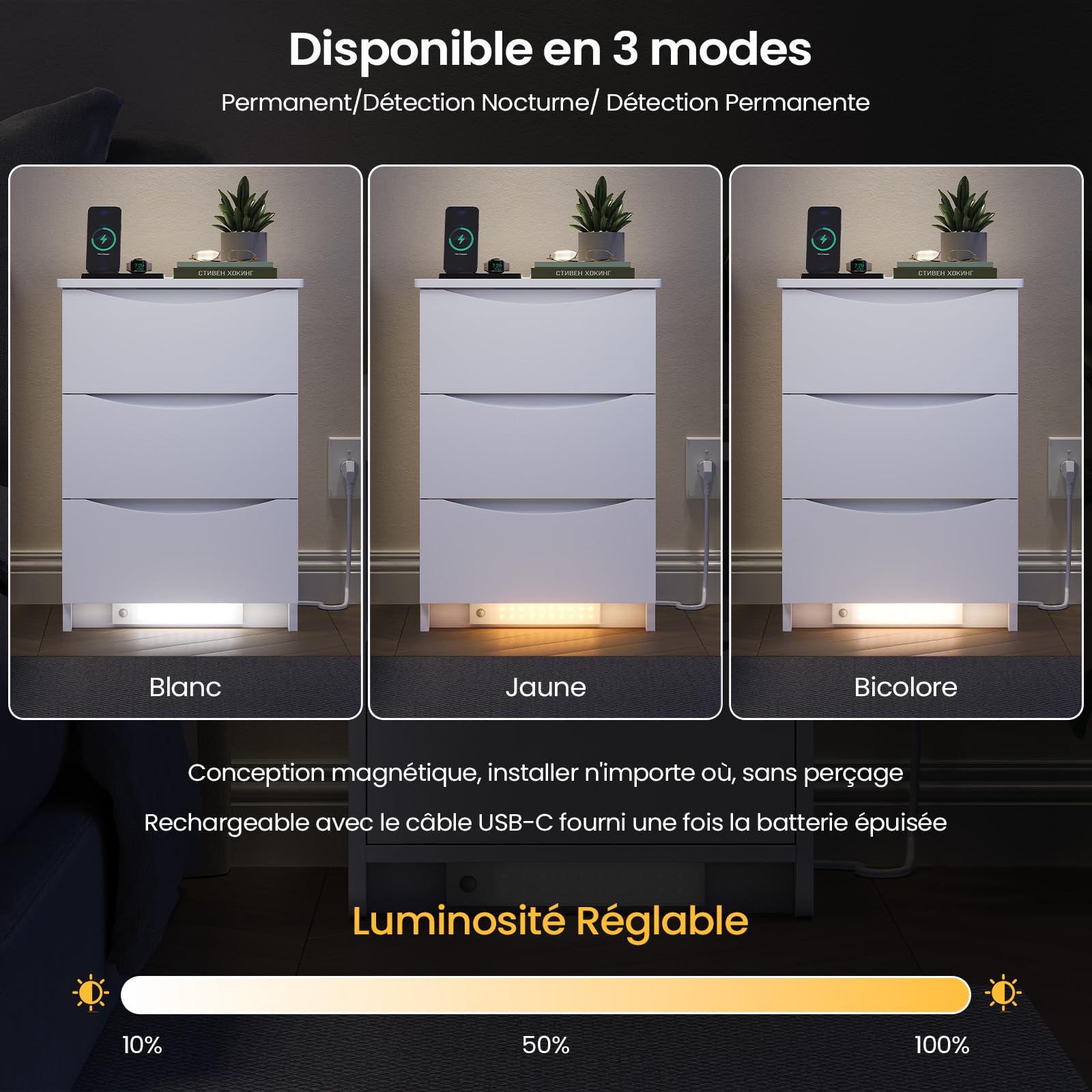 Brinlawb Table de Chevet Lot de 2 avec LED,Prise USB,3 Tiroirs,37x42x60 cm,Blanc