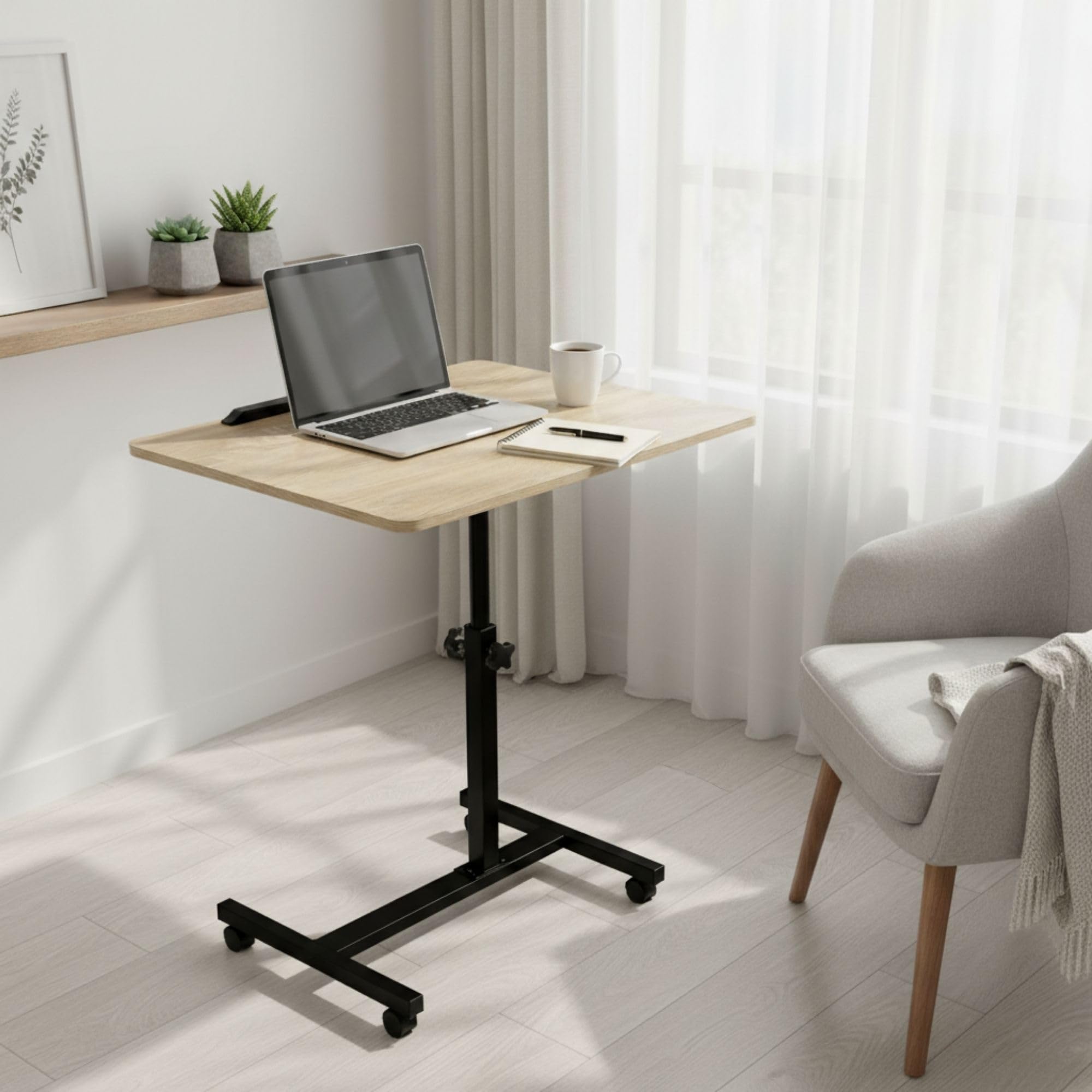 INDE MOBLEKIT | Mesa Auxiliar Regulable con Tablero Inclinable 60x40x59-89 cm, Escritorio con Ruedas para Sofá o Cama, Metal y Madera, Mesa Auxiliar con Altura Ajustable y Freno