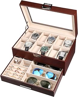 Voova Jewelry Box Watch Boxes Organizer for Men Women, 2 Layer Large 12 Slot PU Leather Watch Storage Case, Glass Top Jewelry Display Holder for Watches Sunglasses Rings Necklaces Bracelets (Brown)