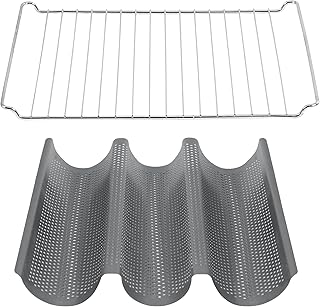 ICQN Blacha do bagietek z zestawem kratek, 38,5 x 27 x 4 cm, blacha na 3 zagłębienia, z powłoką zapobiegającą przywieraniu, blacha do pieczenia bagietek, 44,5 x 37,5 cm ruszt do piekarnika
